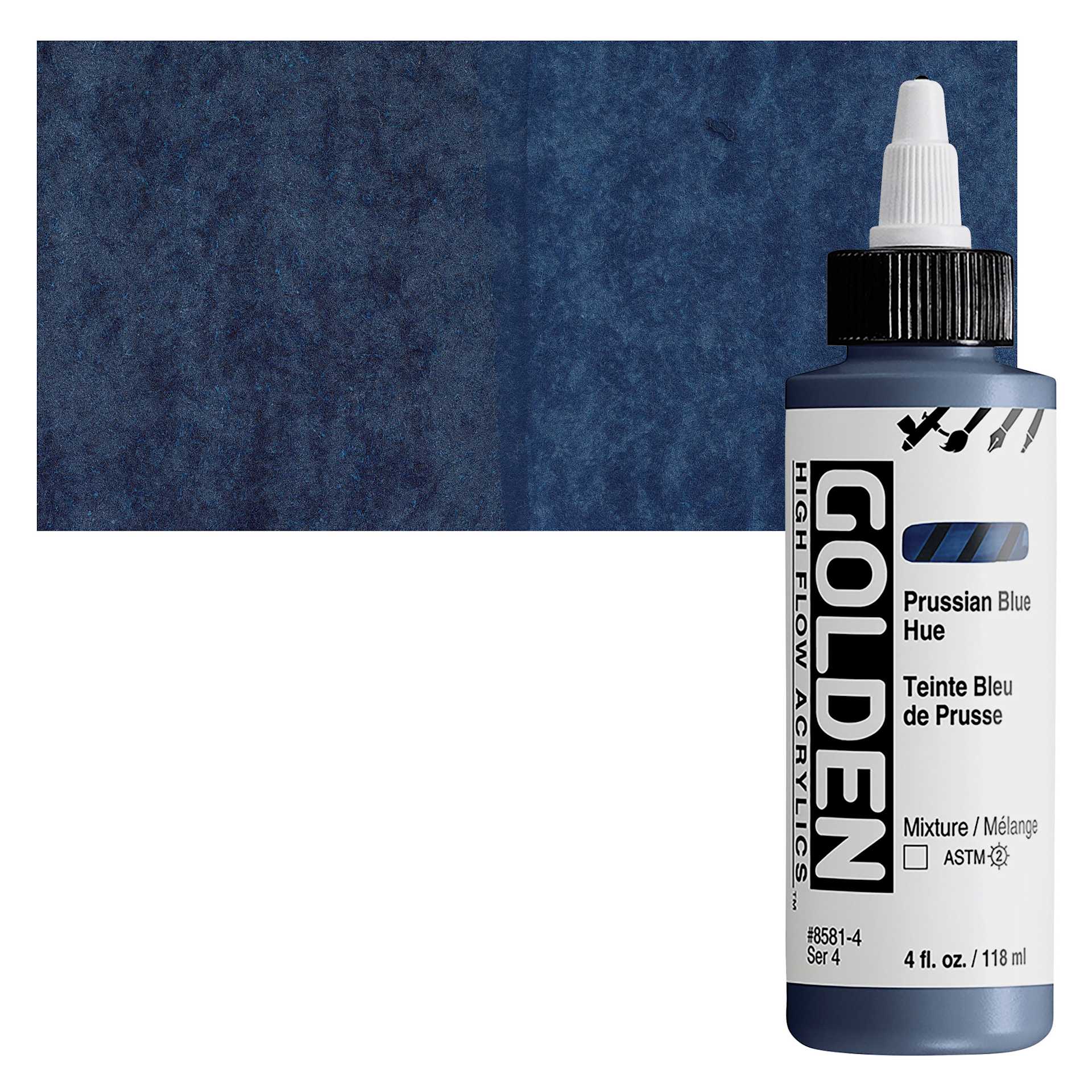 Golden High Flow Acrylic Paint - Prussian Blue Hue, 4 oz bottle and swatch