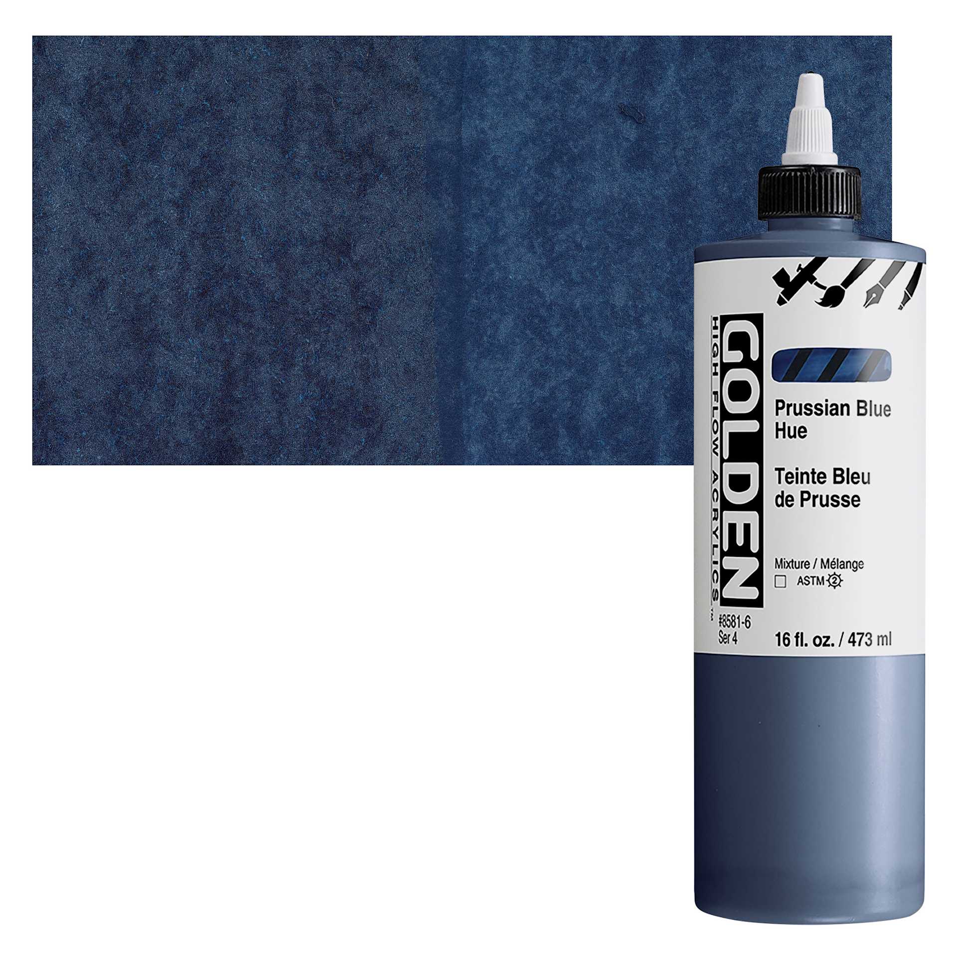 Golden High Flow Acrylic Paint - Prussian Blue Hue, 16 oz bottle and swatch