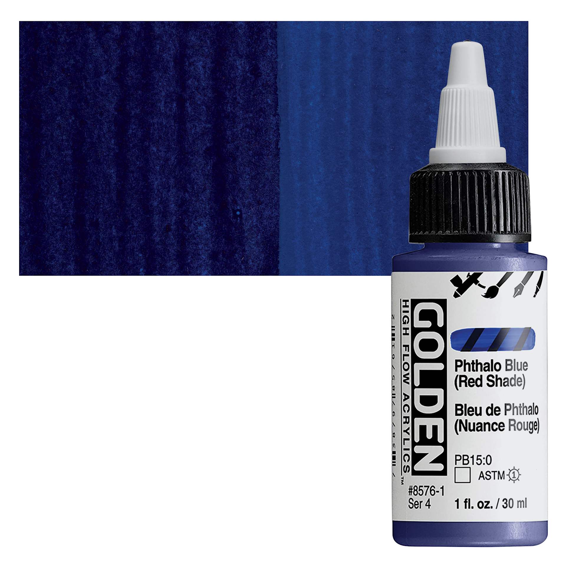 Golden High Flow Acrylic Paint - Phthalo Blue (Red Shade), 1 oz bottle and swatch