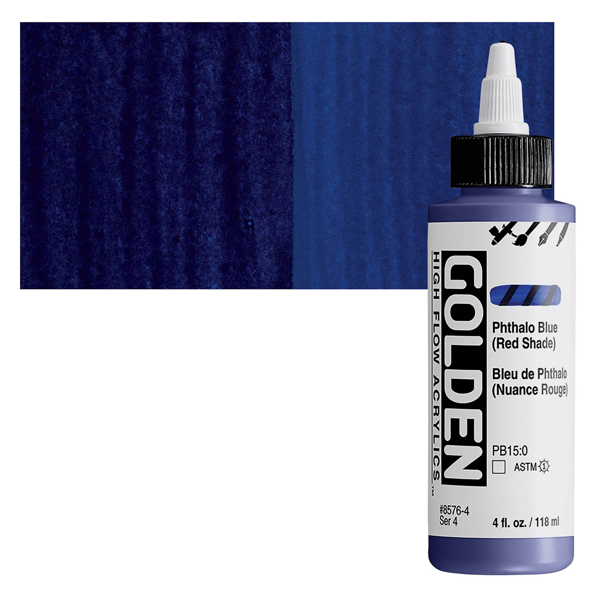 Golden High Flow Acrylic Paint - Phthalo Blue (Red Shade), 4 oz bottle and swatch
