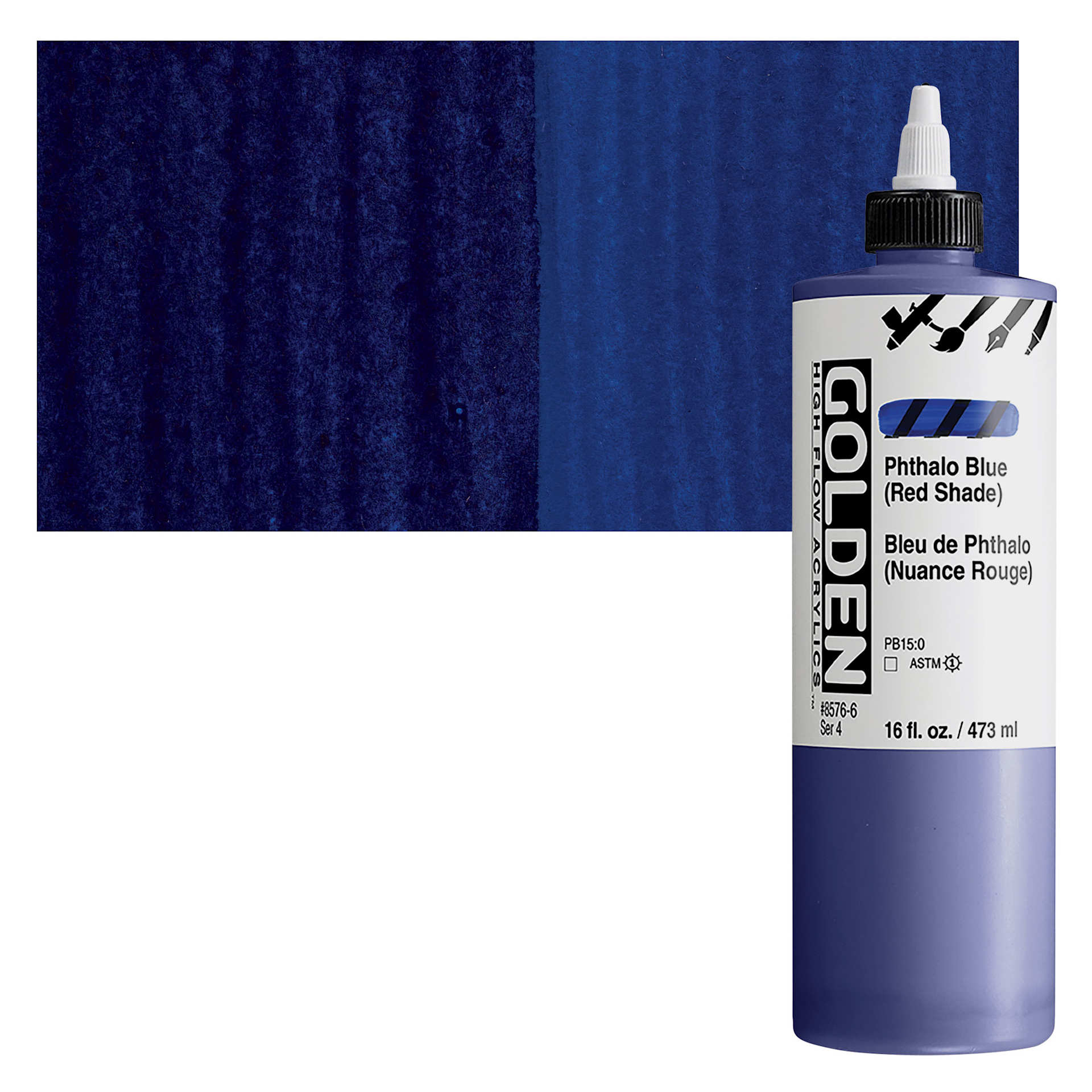 Golden High Flow Acrylic Paint - Phthalo Blue (Red Shade), 16 oz bottle and swatch