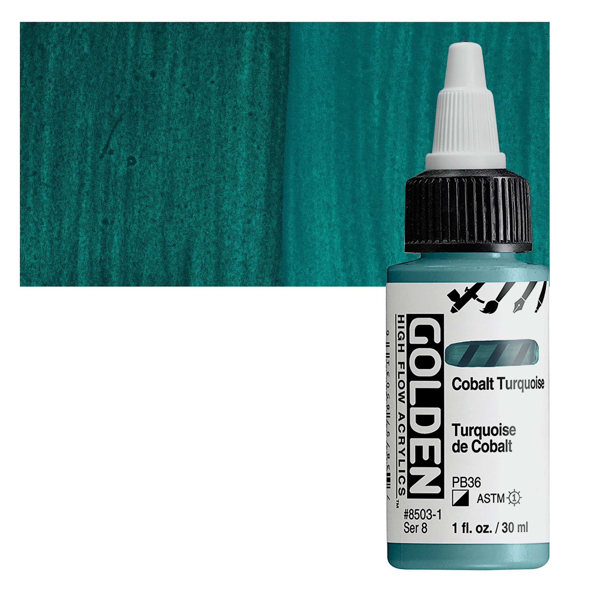 Golden High Flow Acrylic Paint - Cobalt Turquoise, 1 oz bottle and swatch
