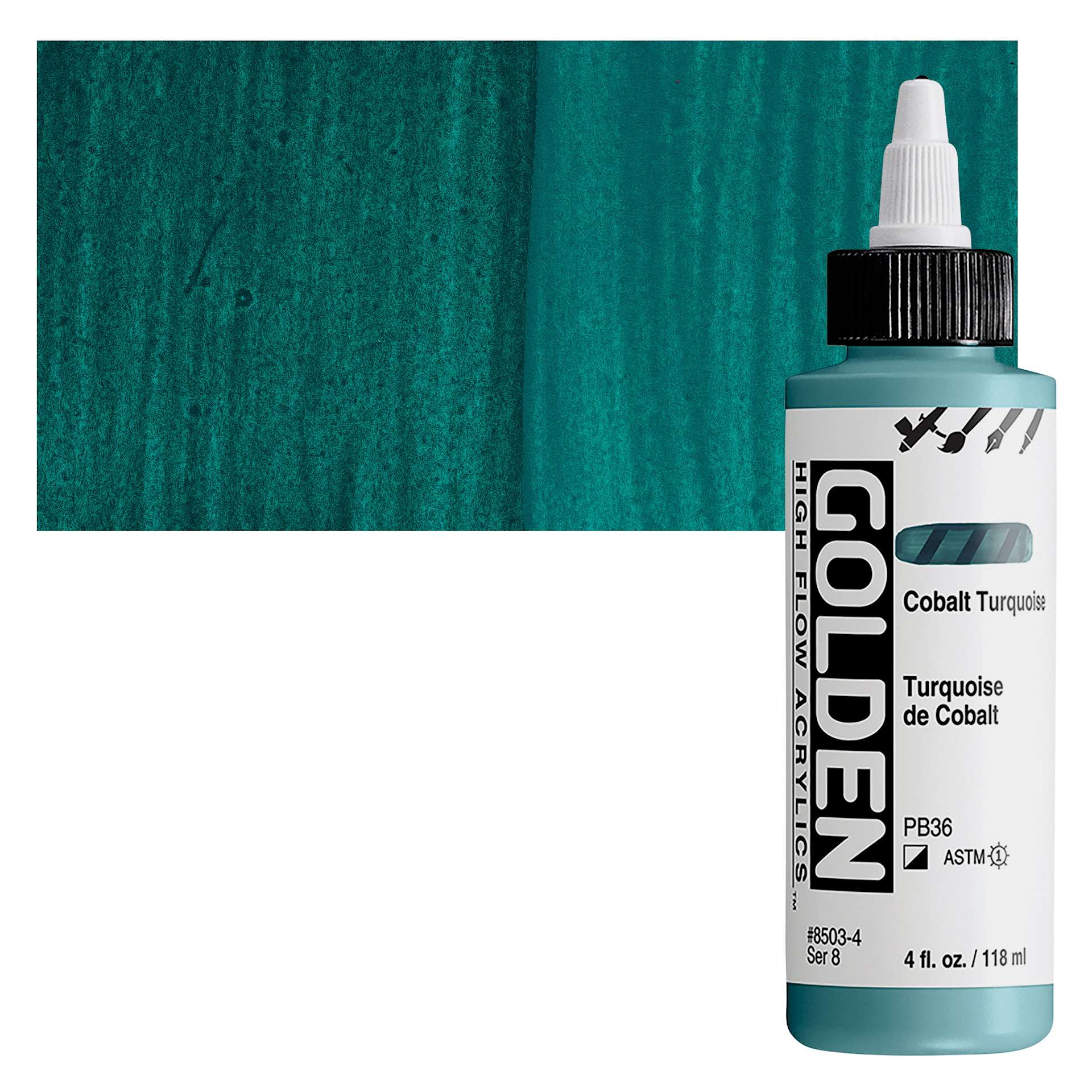 Golden High Flow Acrylic Paint - Cobalt Turquoise, 4 oz bottle and swatch