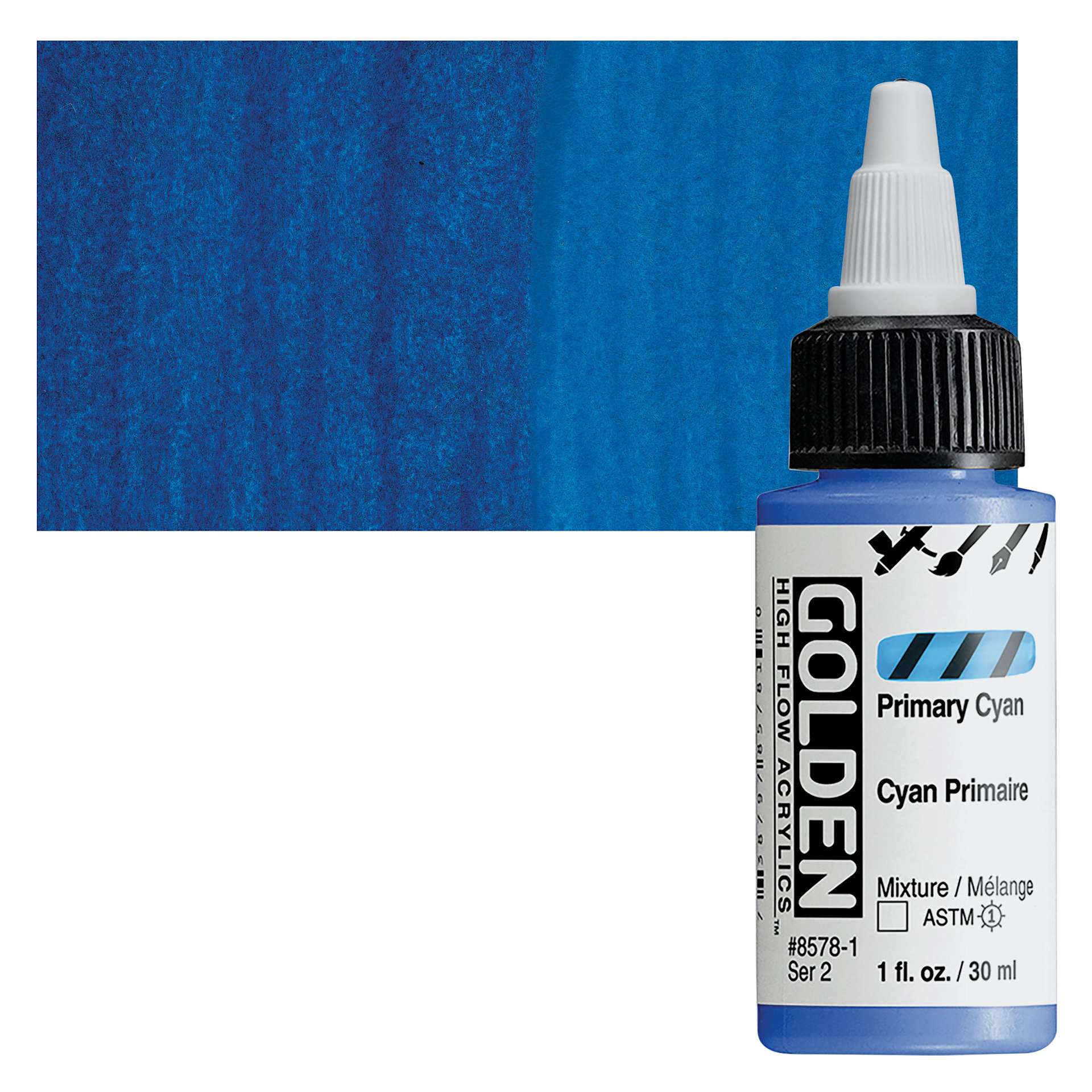 Golden High Flow Acrylic Paint - Primary Cyan, 1 oz bottle and swatch