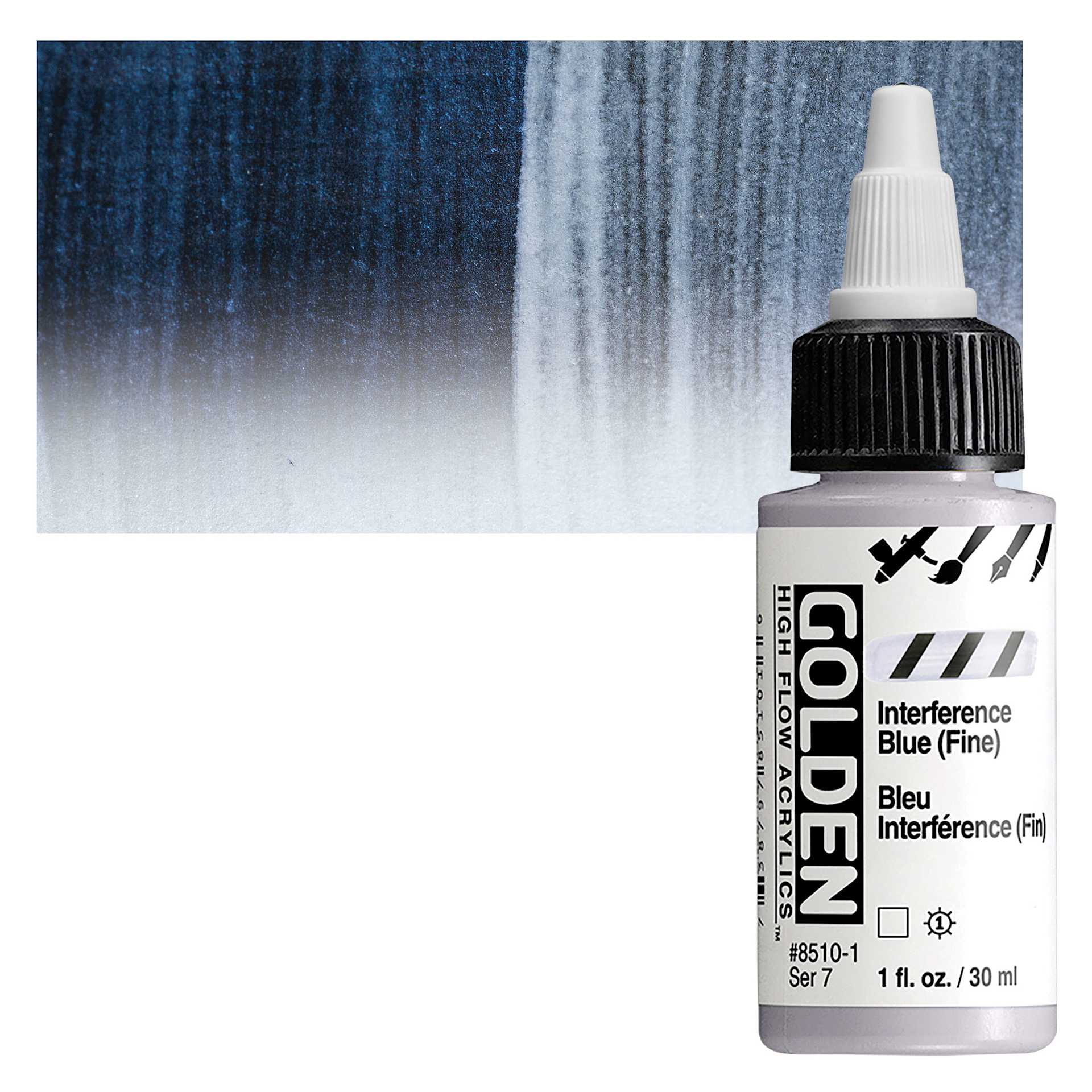 Golden High Flow Acrylic Paint - Interference Blue (Fine), 1 oz bottle and swatch