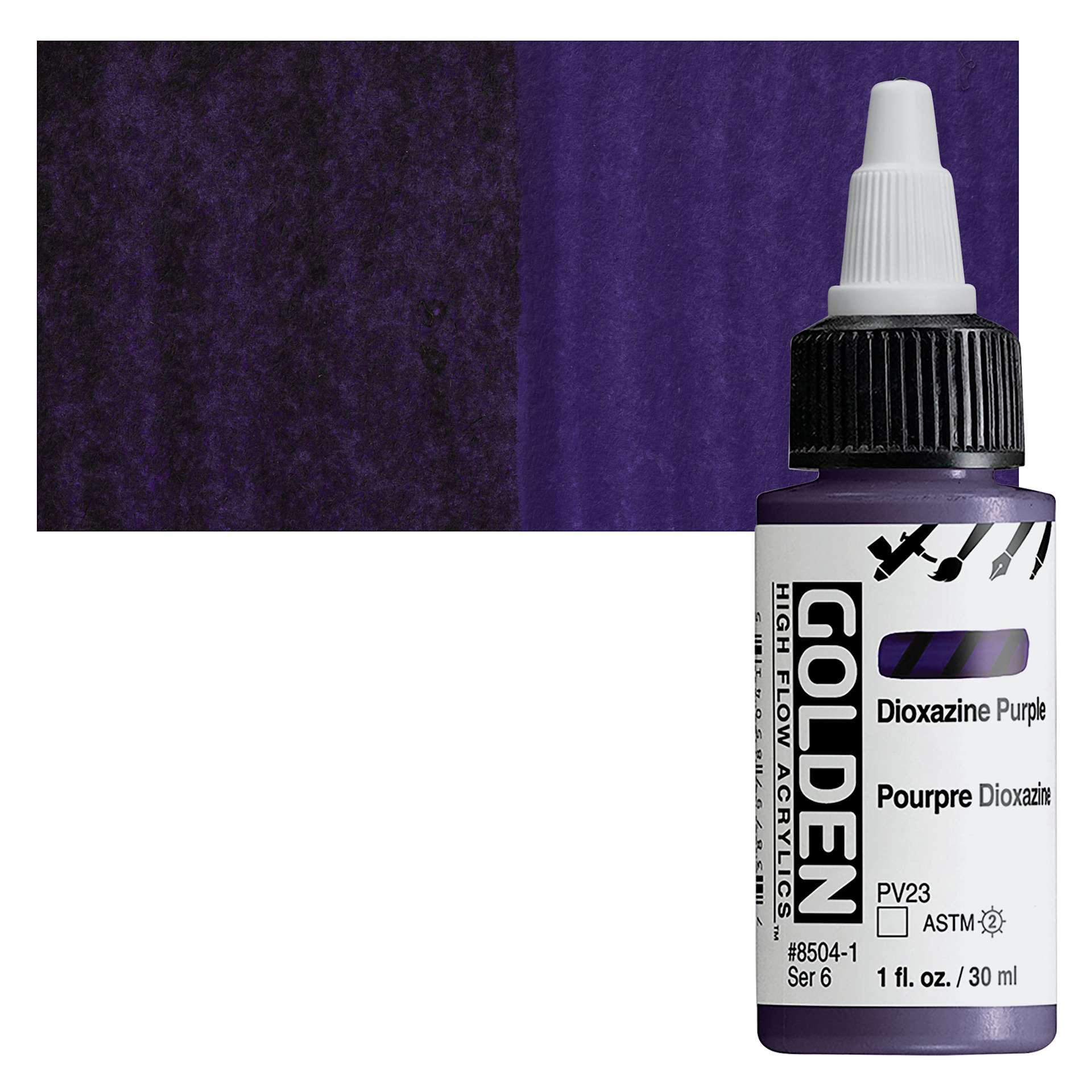 Golden High Flow Acrylic Paint - Dioxazine Purple, 1 oz bottle and swatch