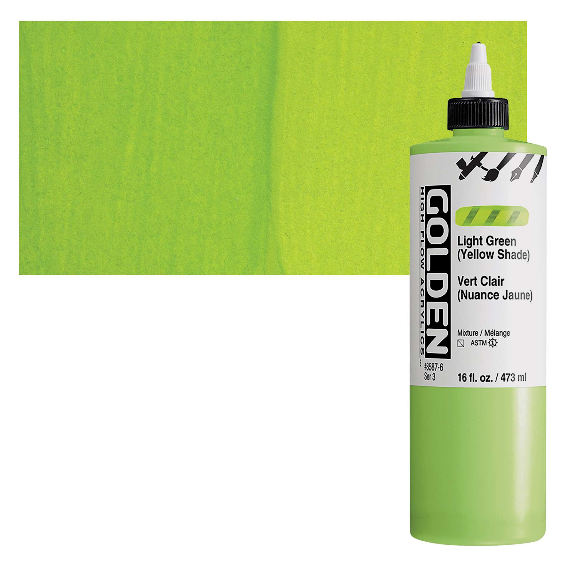 Golden High Flow Acrylic Paint - Light Green (Yellow Shade), 16 oz bottle and swatch