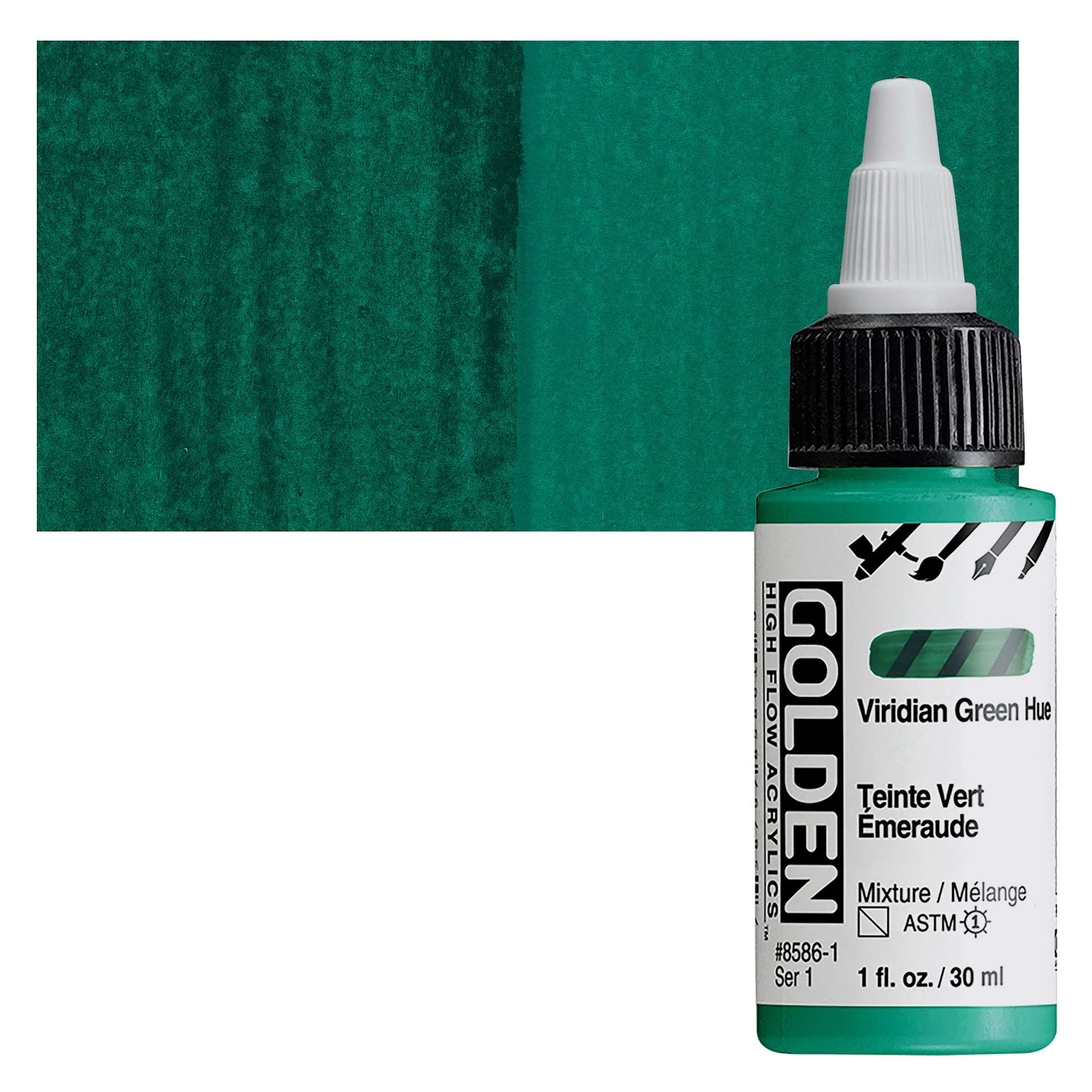Golden High Flow Acrylic Paint - Viridian Green Hue, 1 oz bottle and swatch