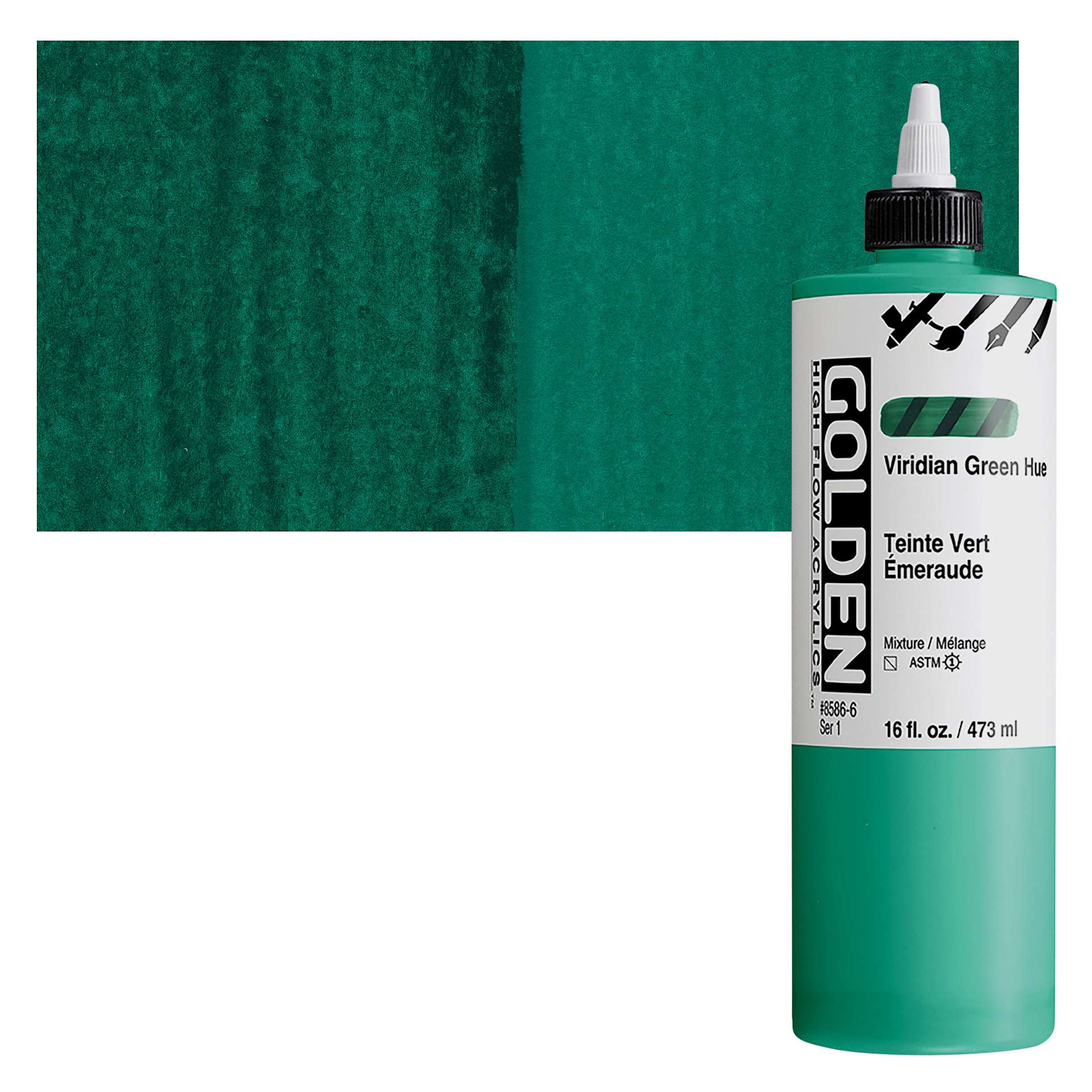Golden High Flow Acrylic Paint - Virdian Green Hue, 16 oz bottle and swatch