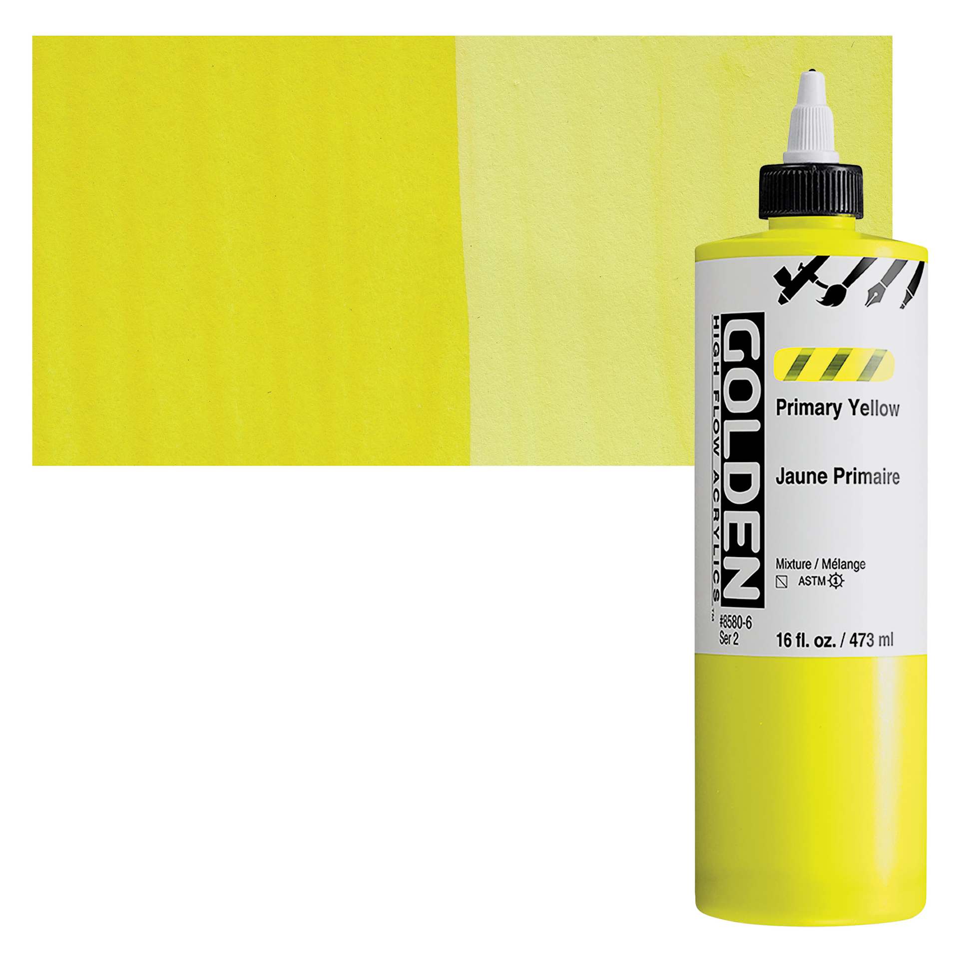Golden High Flow Acrylic Paint - Primary Yellow, 16 oz bottle and swatch