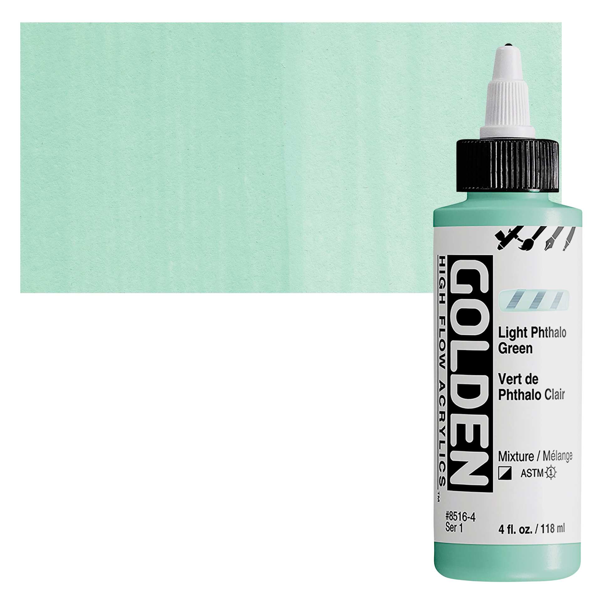 Golden High Flow Acrylic Paint - Light Phthalo Green, 4 oz bottle and swatch