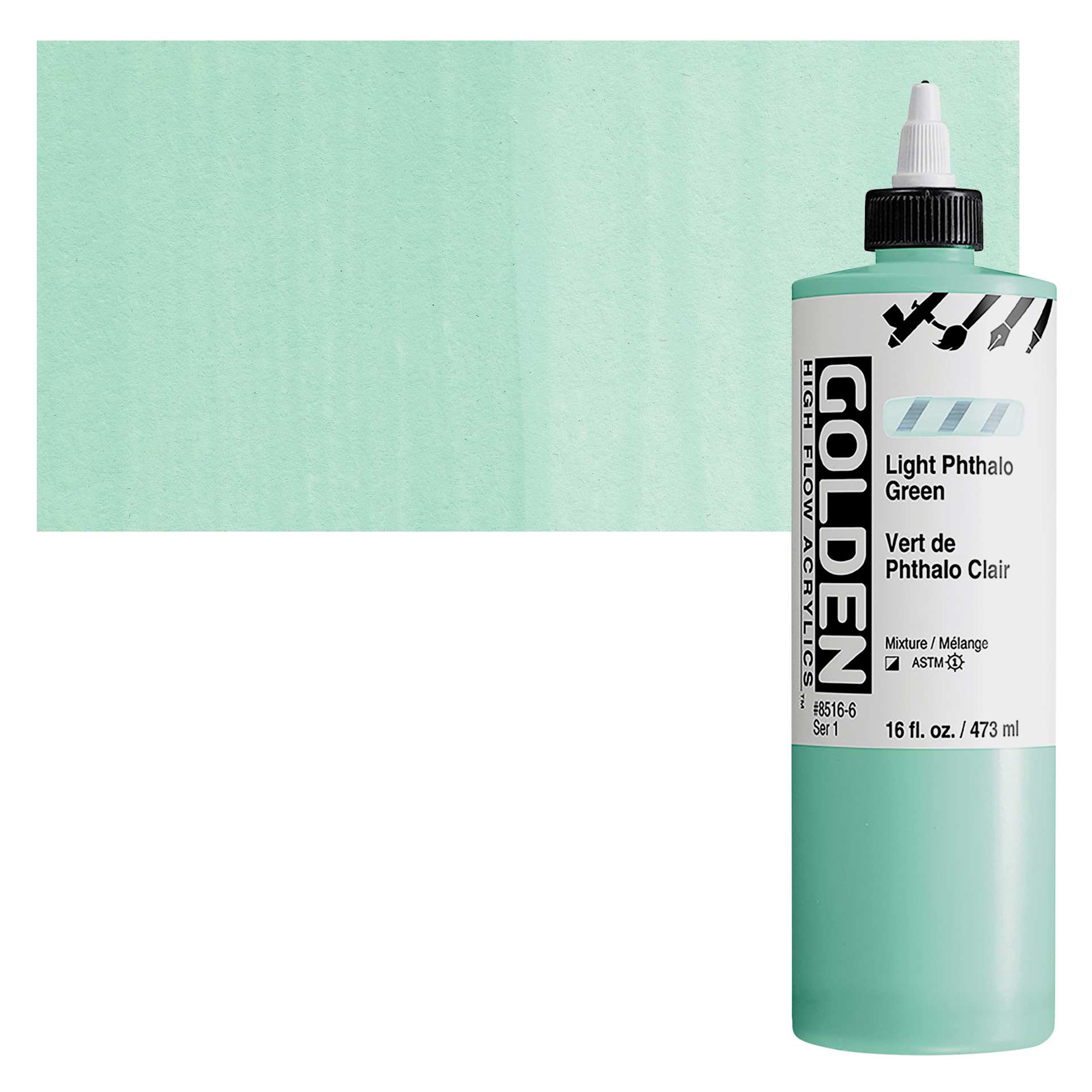 Golden High Flow Acrylic Paint - Light Phthalo Green, 16 oz bottle and swatch