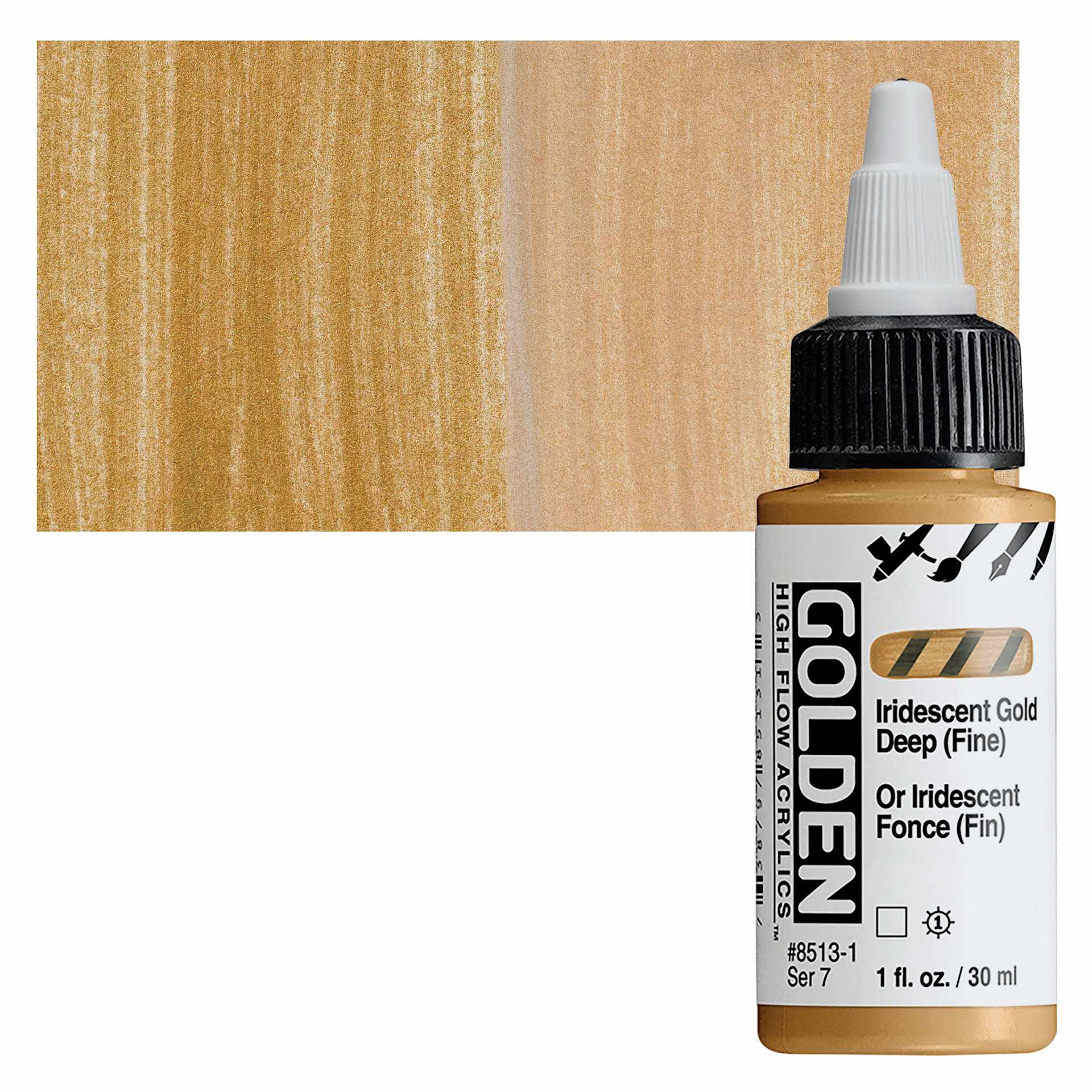Golden High Flow Acrylic Paint - Iridescent Gold Deep (Fine), 1 oz bottle and swatch
