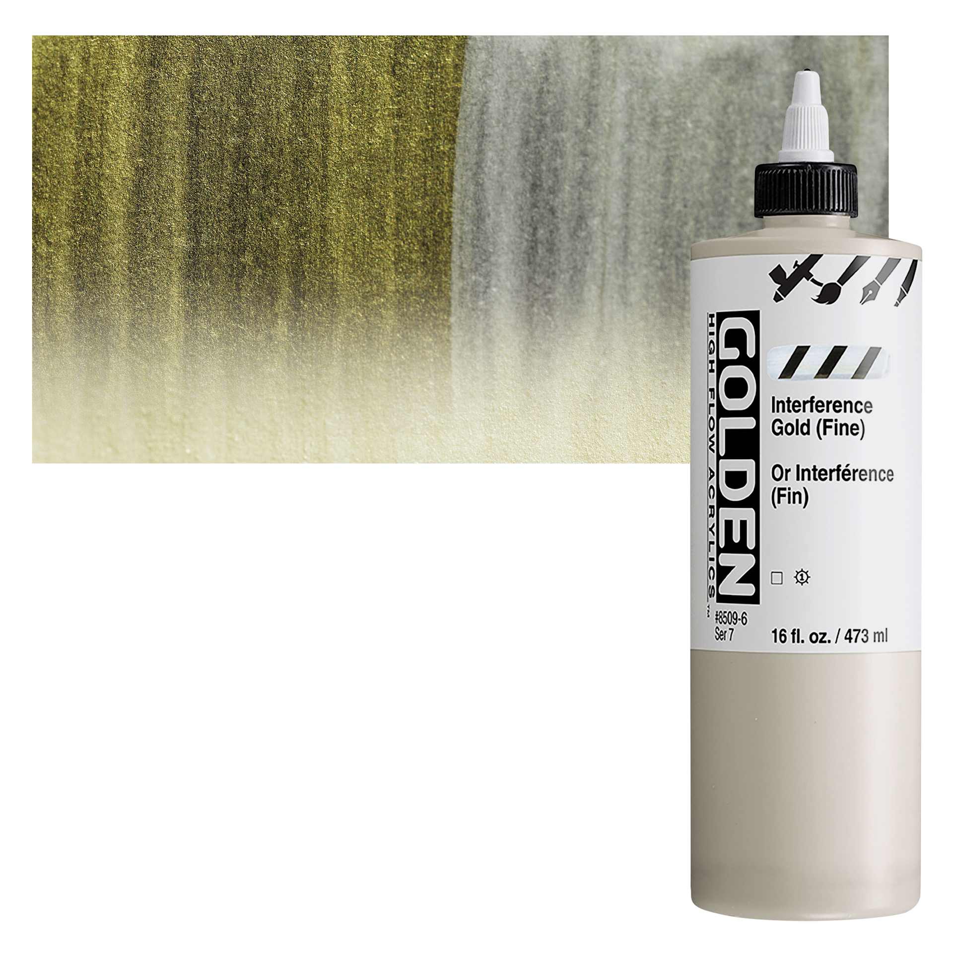 Golden High Flow Acrylic Paint - Interference Gold (Fine), 16 oz bottle and swatch