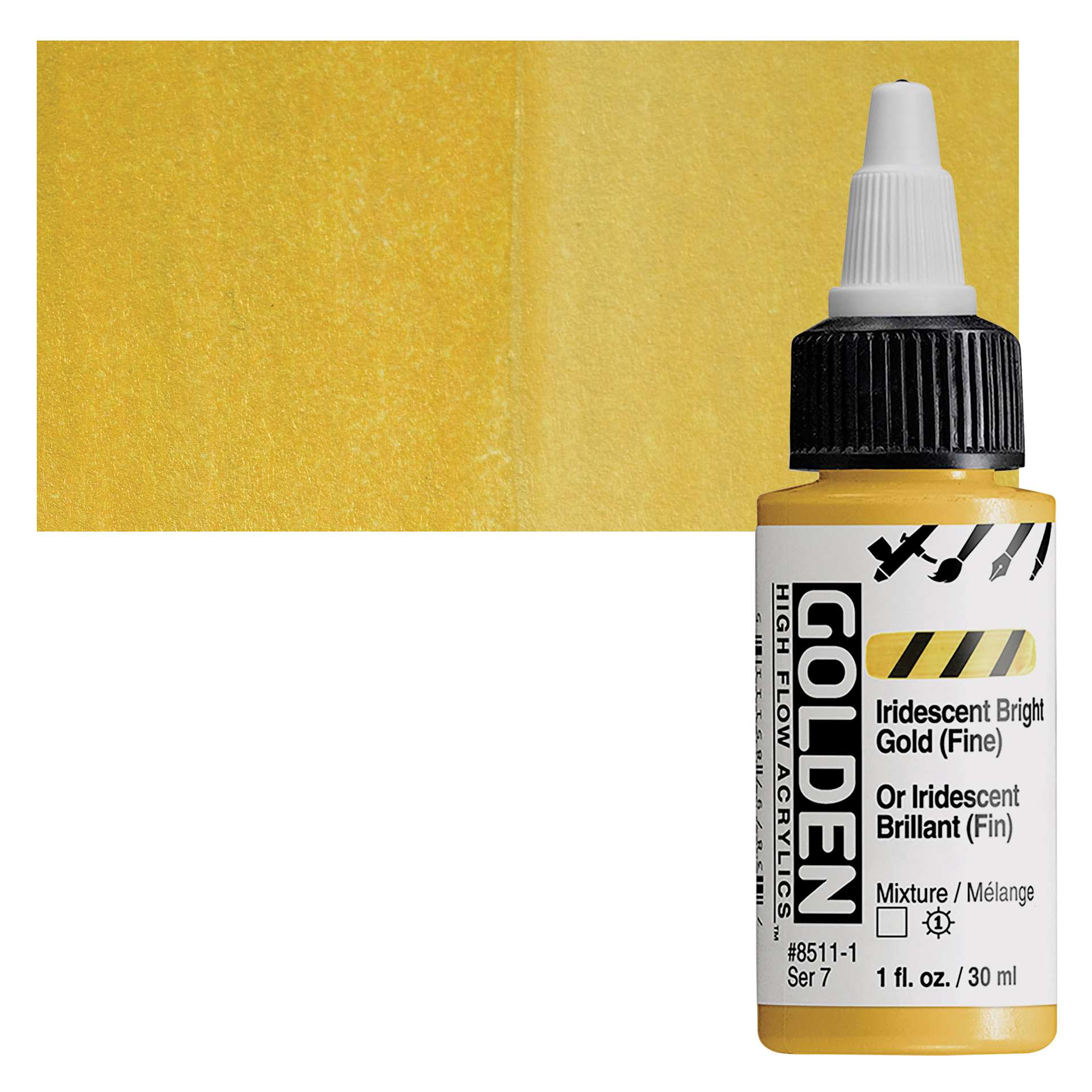 Golden High Flow Acrylic Paint - Iridescent Bright Gold (Fine), 1 oz bottle and swatch