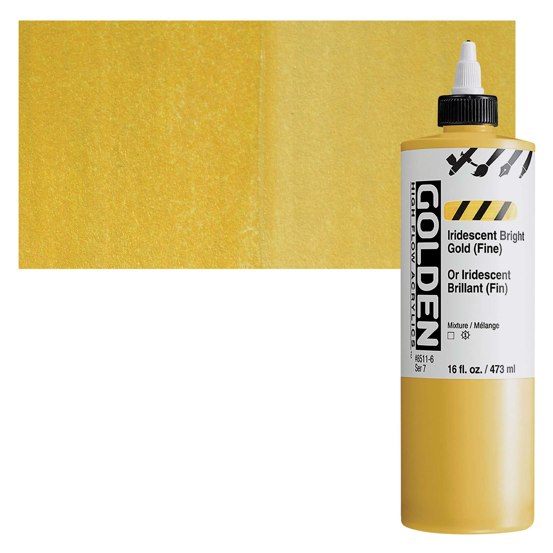 Golden High Flow Acrylic Paint - Iridescent Bright Gold (Fine), 16 oz bottle and swatch
