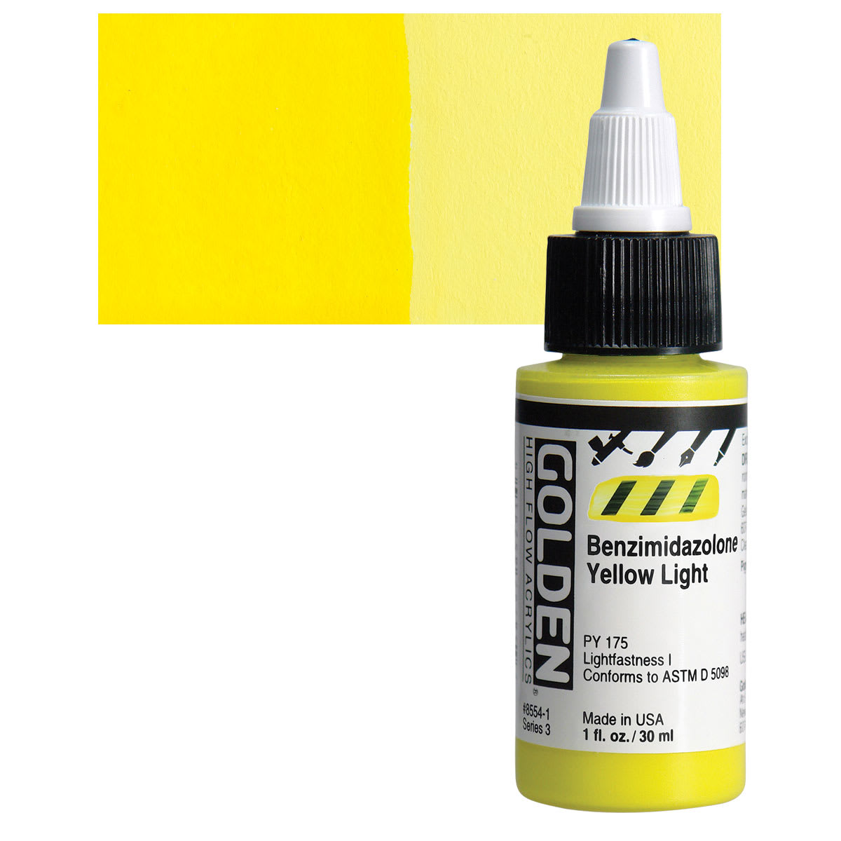 Golden High Flow Acrylic Paint - Benzimidazolone Yellow Light, 1 oz bottle and swatch
