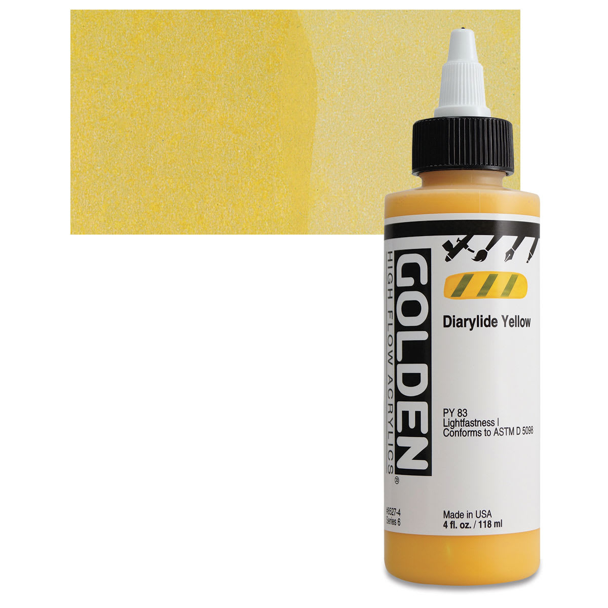 Golden High Flow Acrylic Paint - Diarylide Yellow, 4 oz bottle and swatch