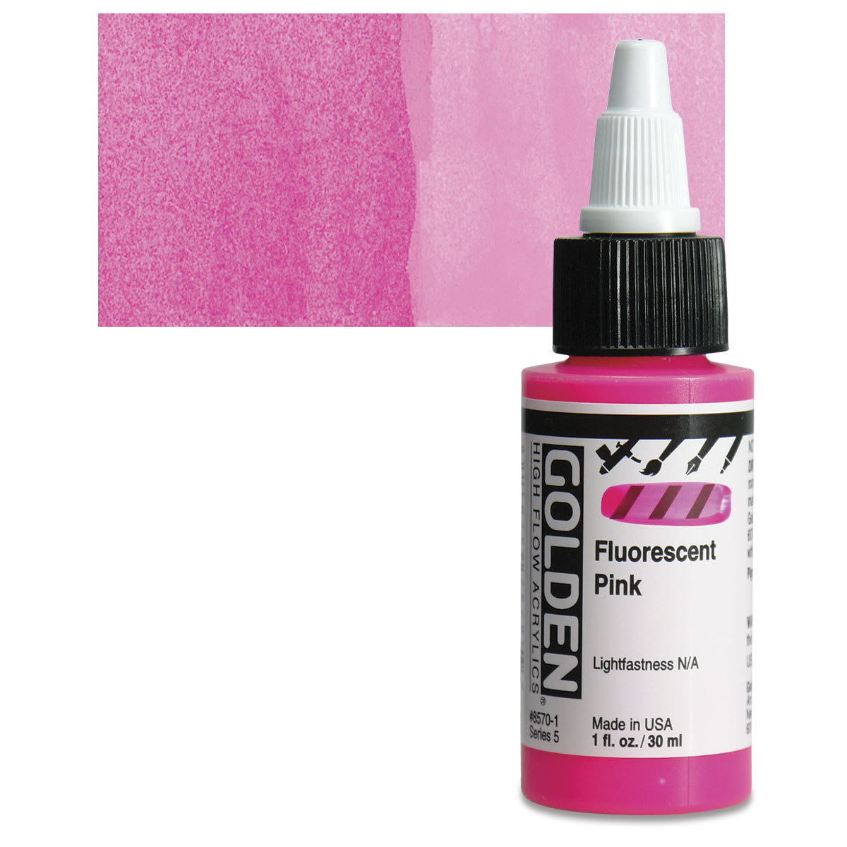 Golden High Flow Acrylic Paint - Fluorescent Pink, 1 oz bottle and swatch
