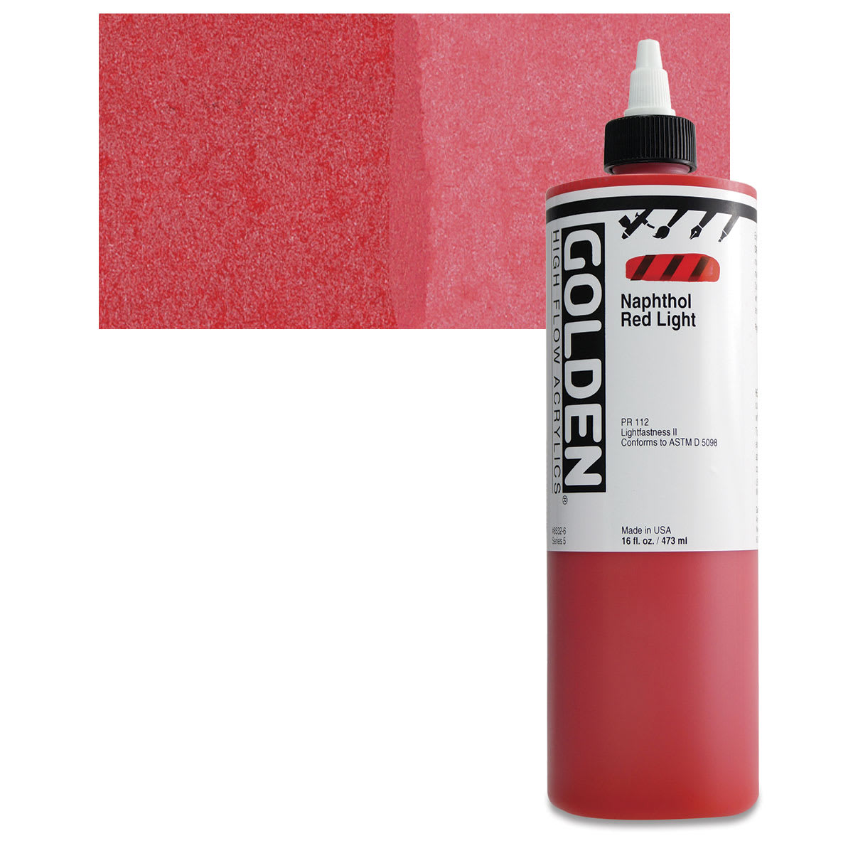 Golden High Flow Acrylic Paint - Naphthol Red Light, 16 oz bottle and swatch