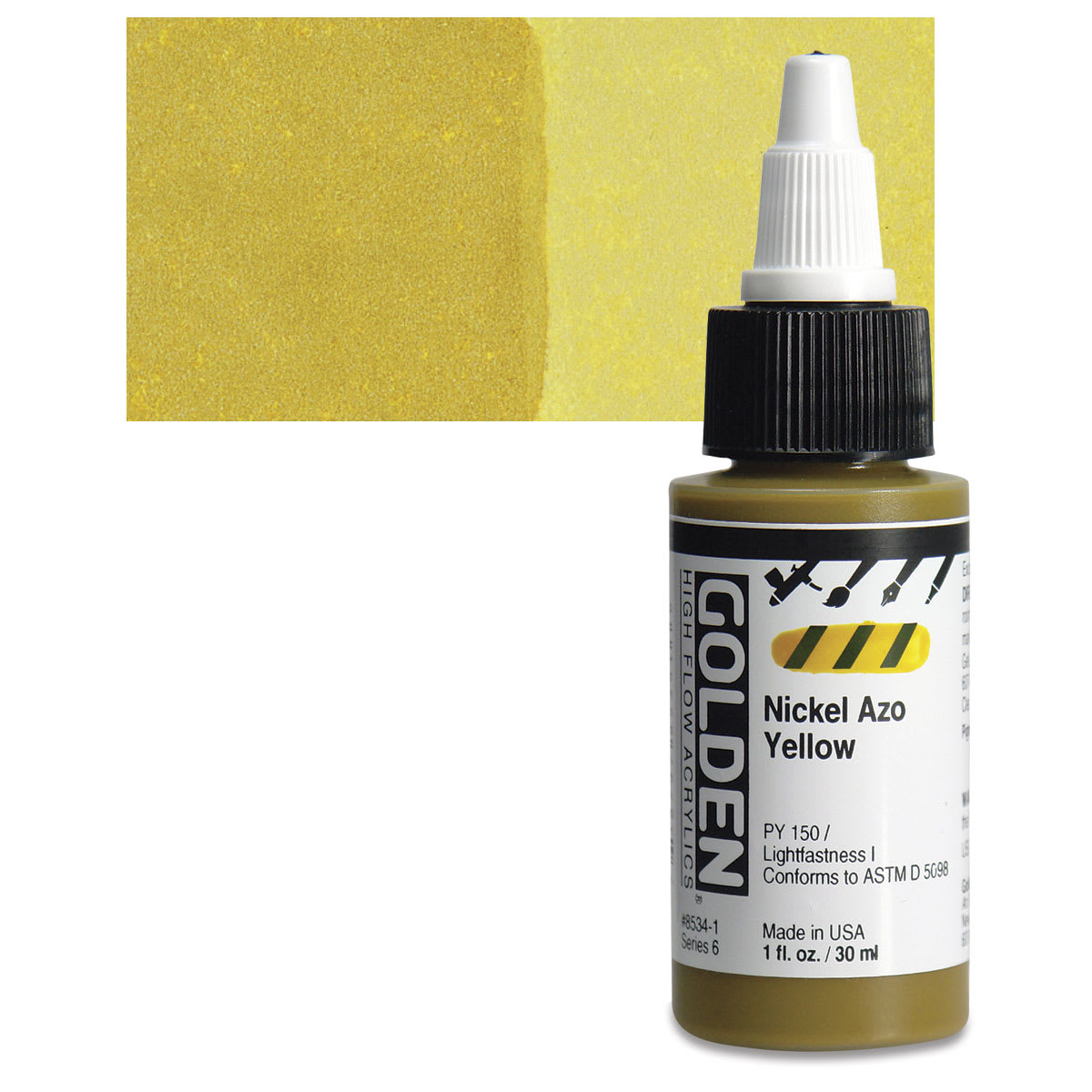 Golden High Flow Acrylic Paint - Nickel Azo Yellow, 1 oz bottle and swatch