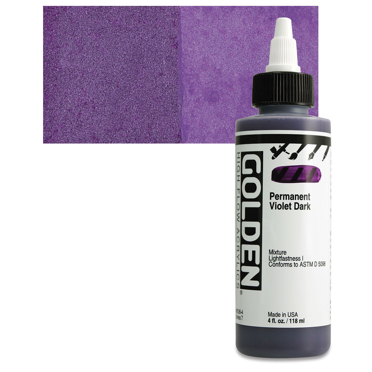 Golden High Flow Acrylic Paint - Permanent Violet Dark, 4 oz bottle and swatch