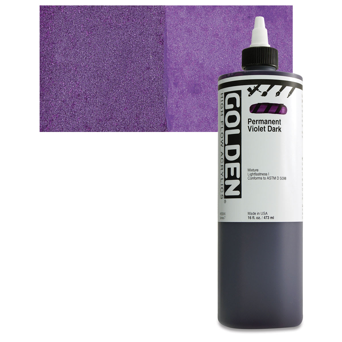Golden High Flow Acrylic Paint - Permanent Violet Dark, 16 oz bottle and swatch Golden High Flow Acrylic Paint - Permanent Violet Dark, 16 oz bottle and swatch