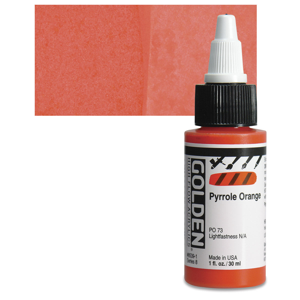 Golden High Flow Acrylic Paint - Pyrrole Orange, 1 oz bottle and swatch