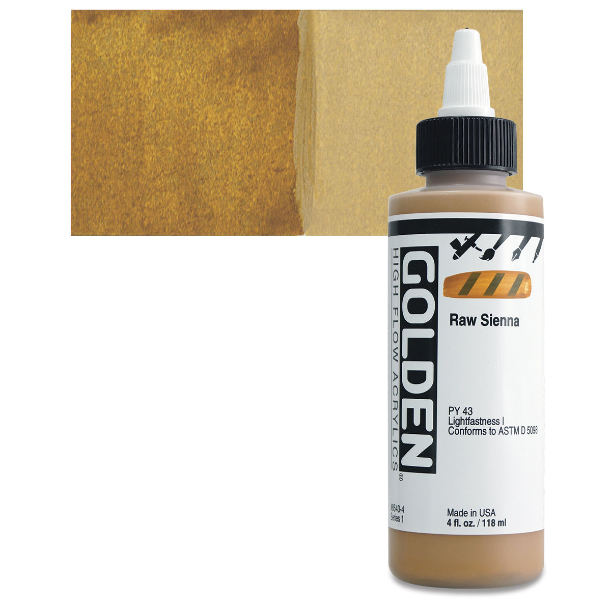 Golden High Flow Acrylic Paint - Raw Sienna, 4 oz bottle and swatch