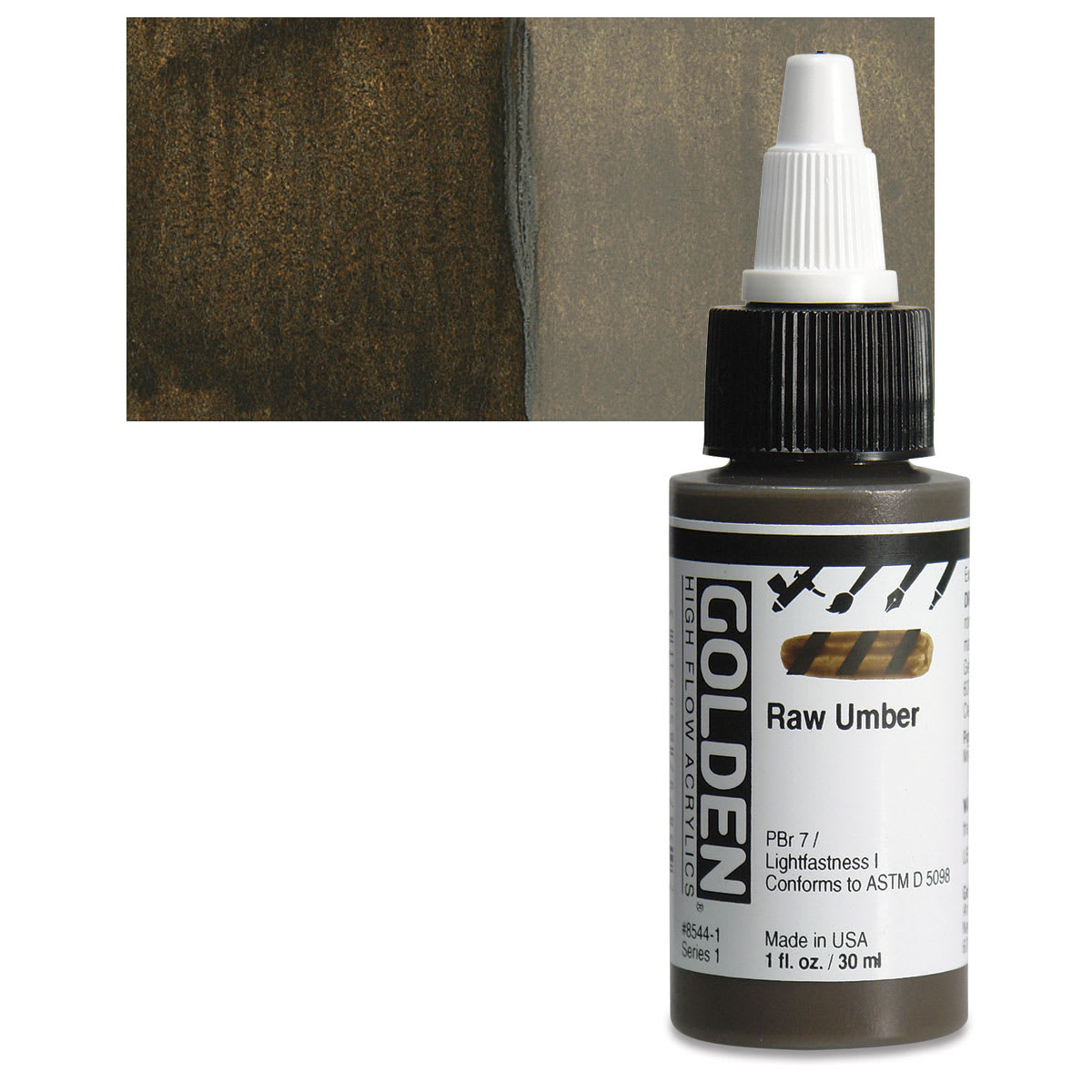 Golden High Flow Acrylic Paint - Raw Umber, 1 oz bottle and swatch