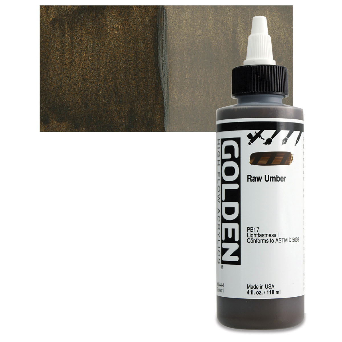 Golden High Flow Acrylic Paint - Raw Umber, 4 oz bottle and swatch