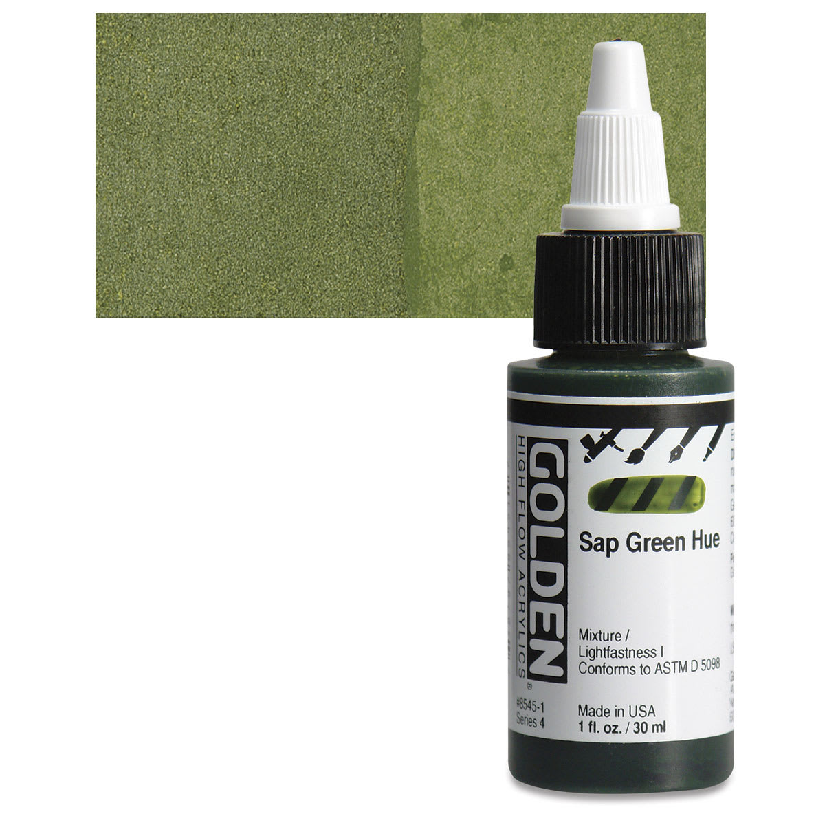 Golden High Flow Acrylic Paint - Sap Green Hue, 1 oz bottle and swatch