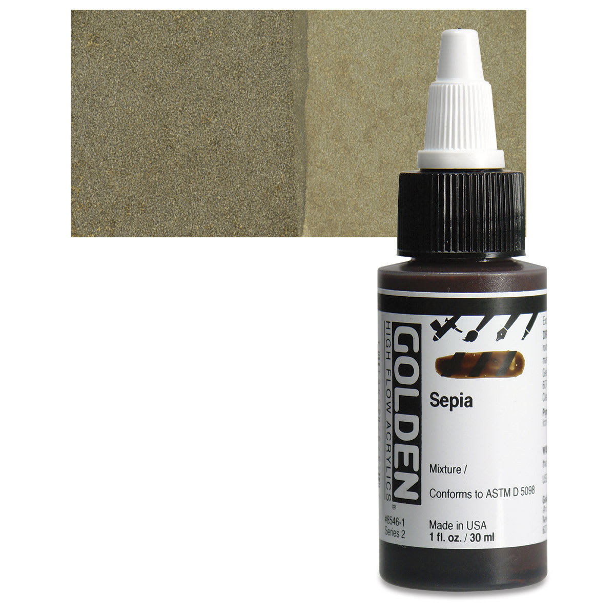 Golden High Flow Acrylic Paint - Sepia, 1 oz bottle and swatch