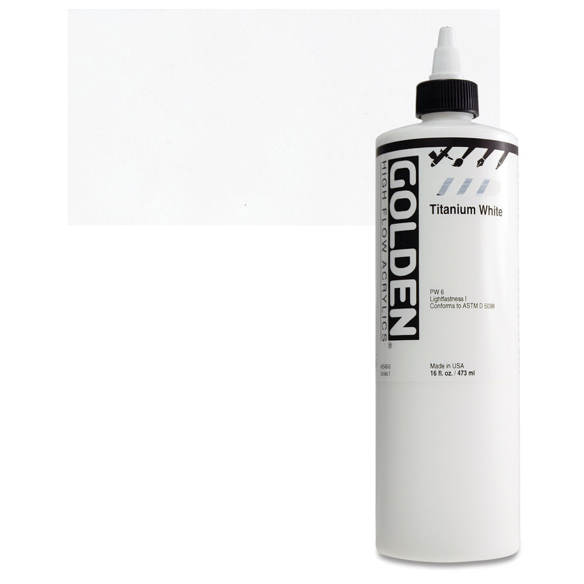Golden High Flow Acrylic Paint - Titanium White, 16 oz bottle and swatch