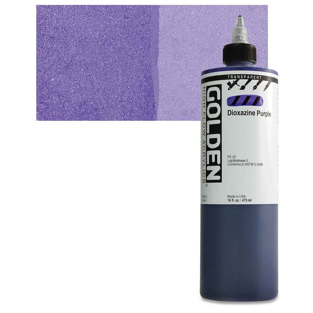 Golden High Flow Acrylic Paint - Transparent Dioxazine Purple, 16 oz bottle and swatch