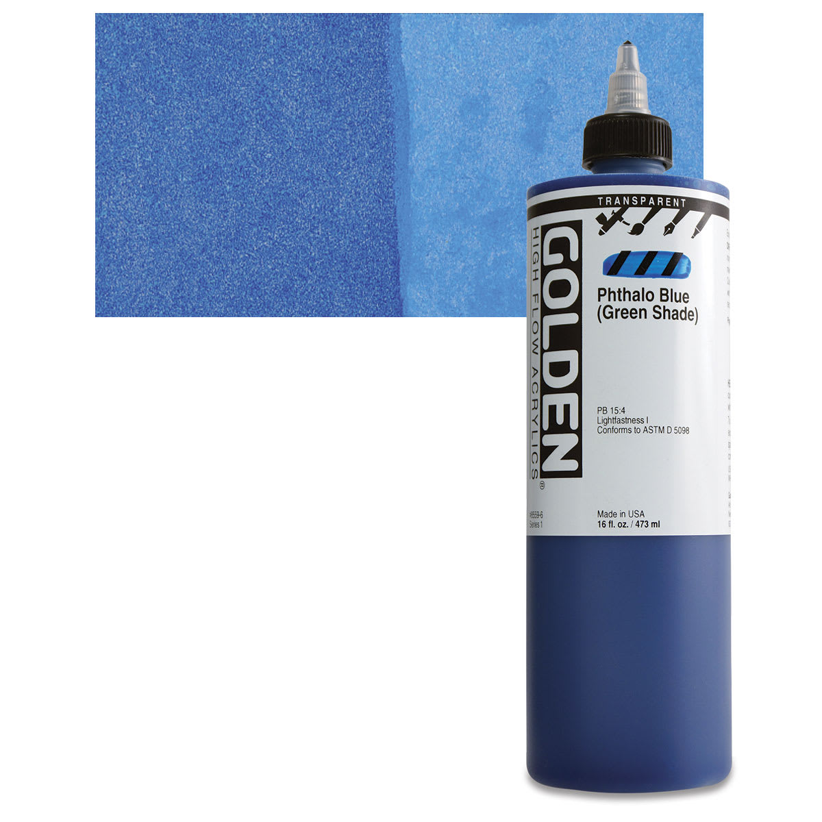 Golden High Flow Acrylic Paint - Transparent Phthalo Blue (Green Shade), 16 oz bottle and swatch