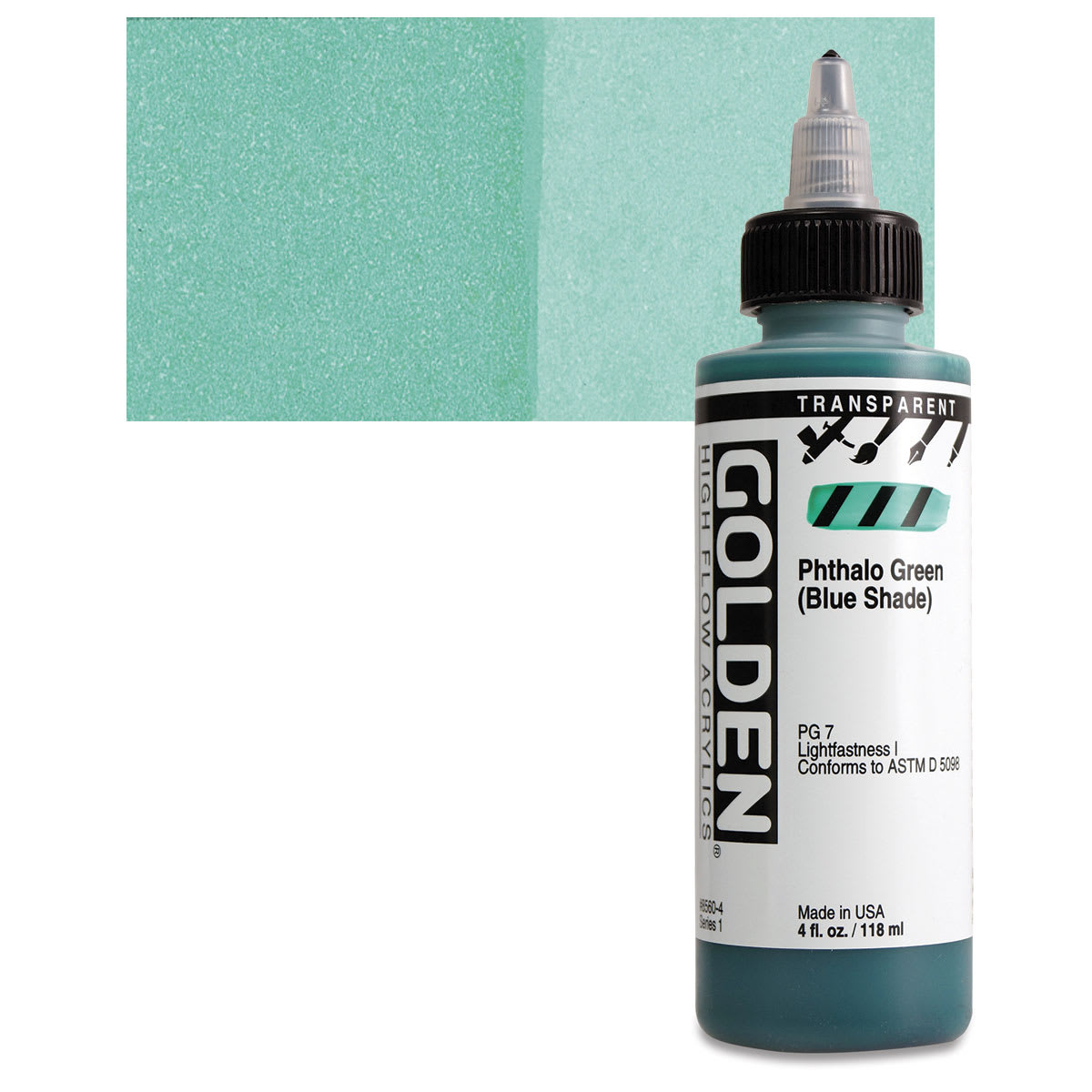 Golden High Flow Acrylic Paint - Transparent Phthalo Green (Blue Shade), 4 oz bottle and swatch