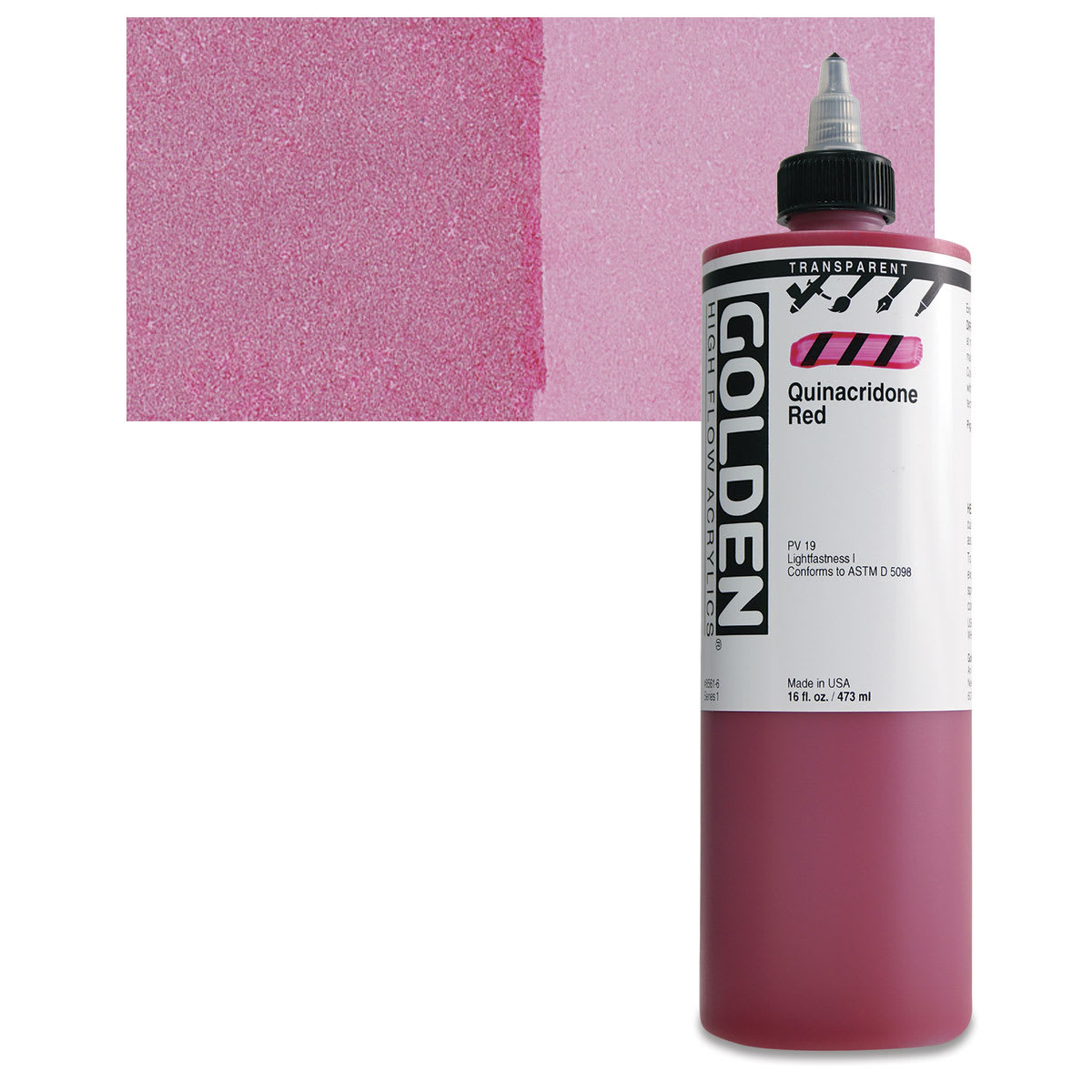 Golden High Flow Acrylic Paint - Transparent Quinacridone Red, 16 oz bottle and swatch