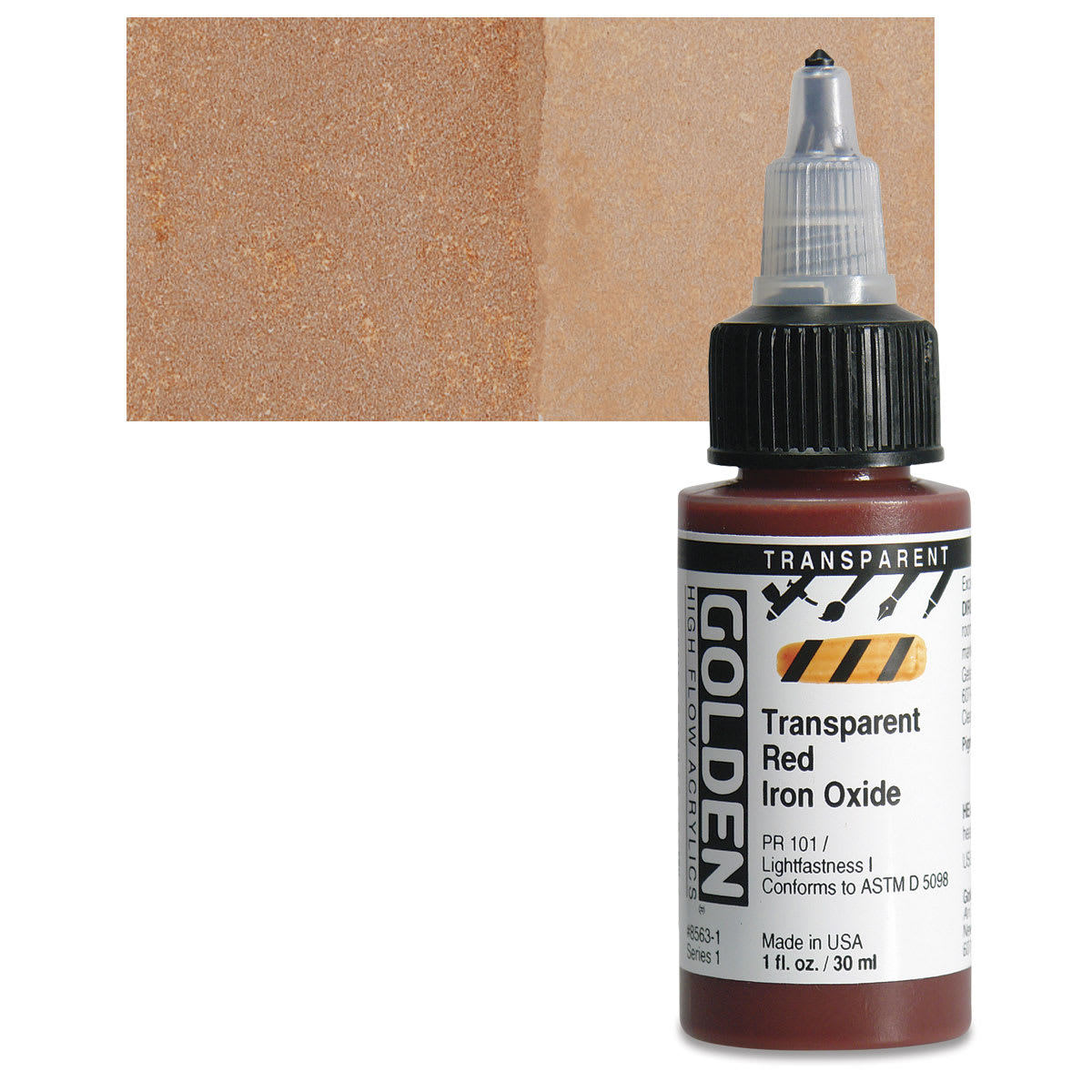 Golden High Flow Acrylic Paint - Transparent Red Iron Oxide, 1 oz bottle and swatch