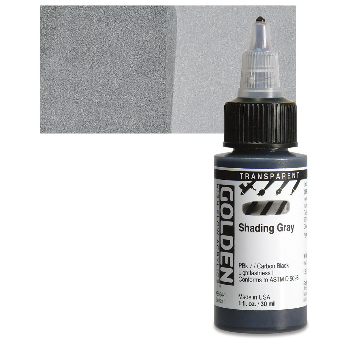 Golden High Flow Acrylic Paint - Transparent Shading Gray, 1 oz bottle and swatch