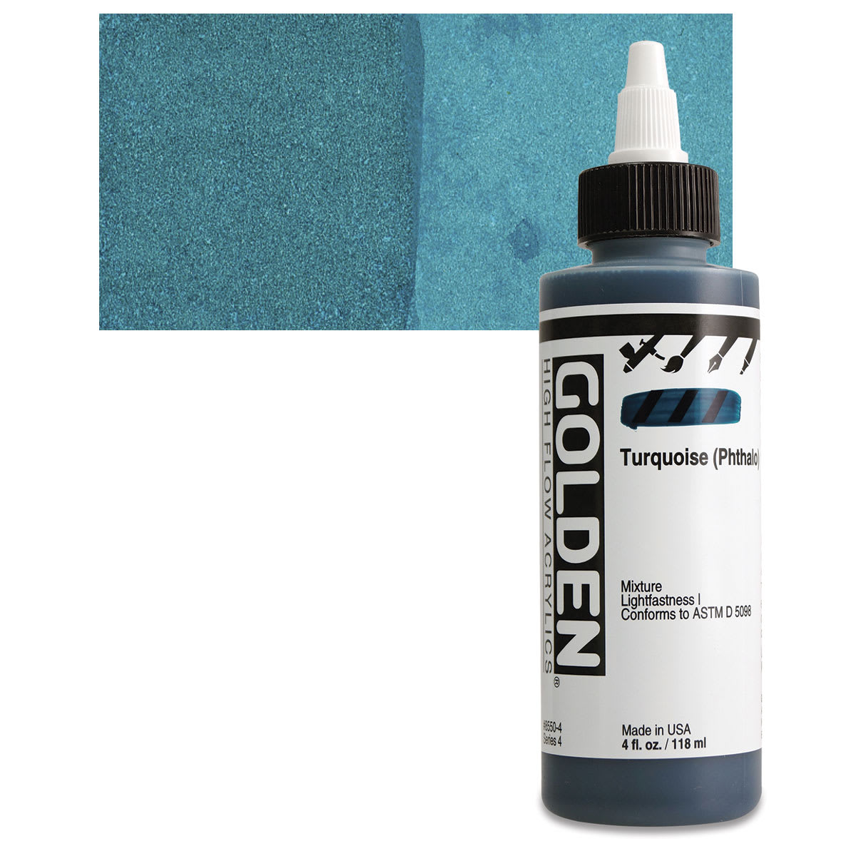 Golden High Flow Acrylic Paint - Turquois (Phthalo), 4 oz bottle and swatch