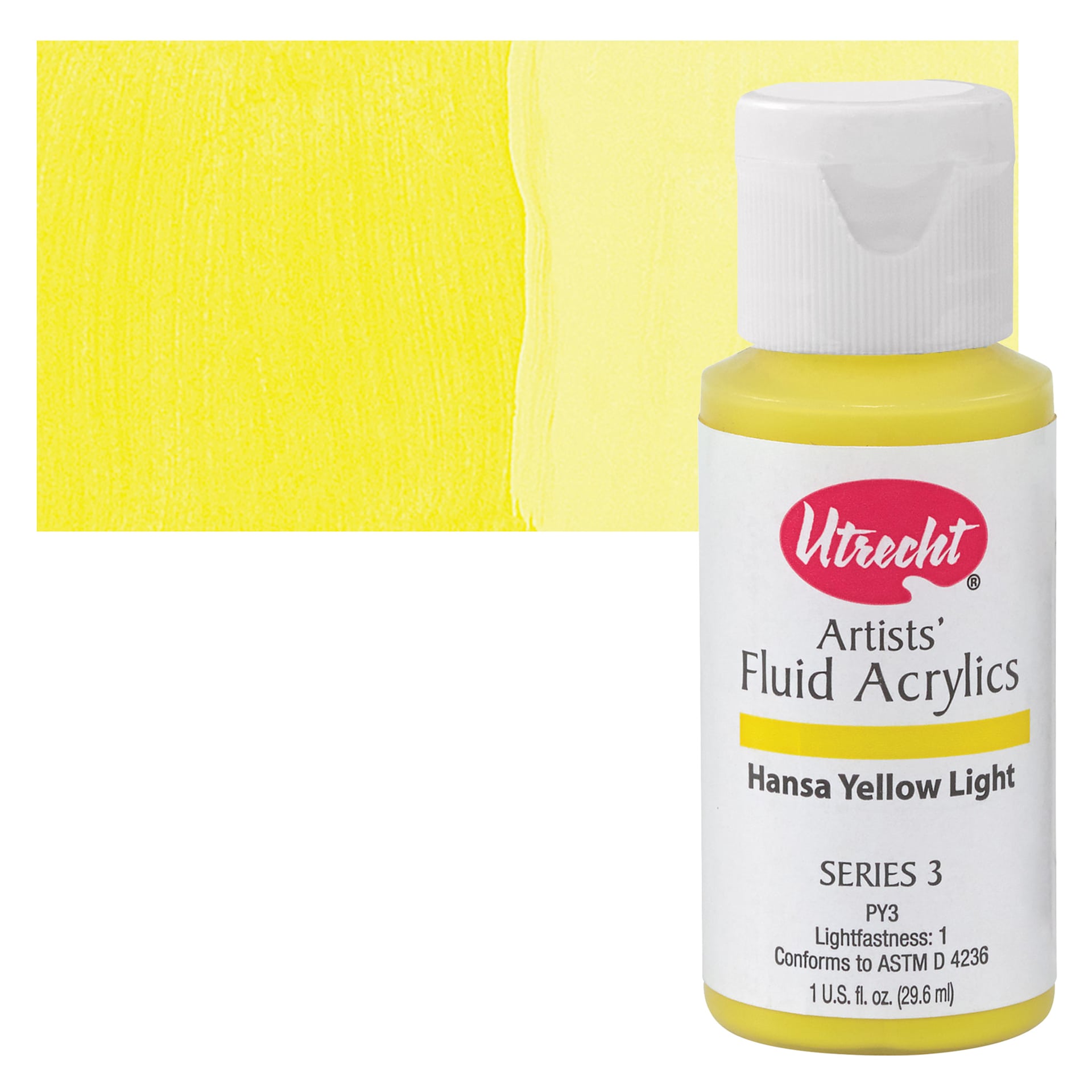 Utrecht Fluid Acrylics - Hansa Yellow Light, 1 oz bottle and swatch