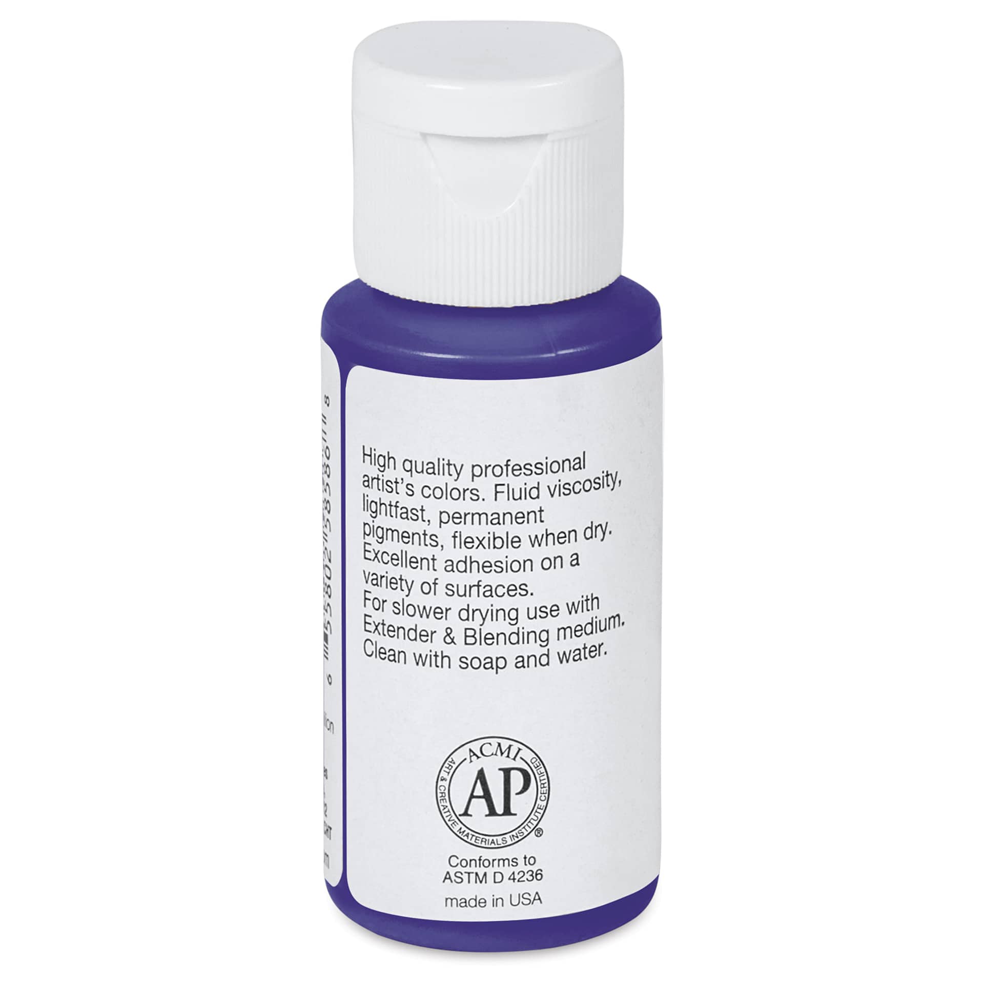 Utrecht Fluid Acrylics - Dioxazine Purple, 1 oz bottle, back of bottle Utrecht Fluid Acrylics - Dioxazine Purple, 1 oz bottle, back of bottle