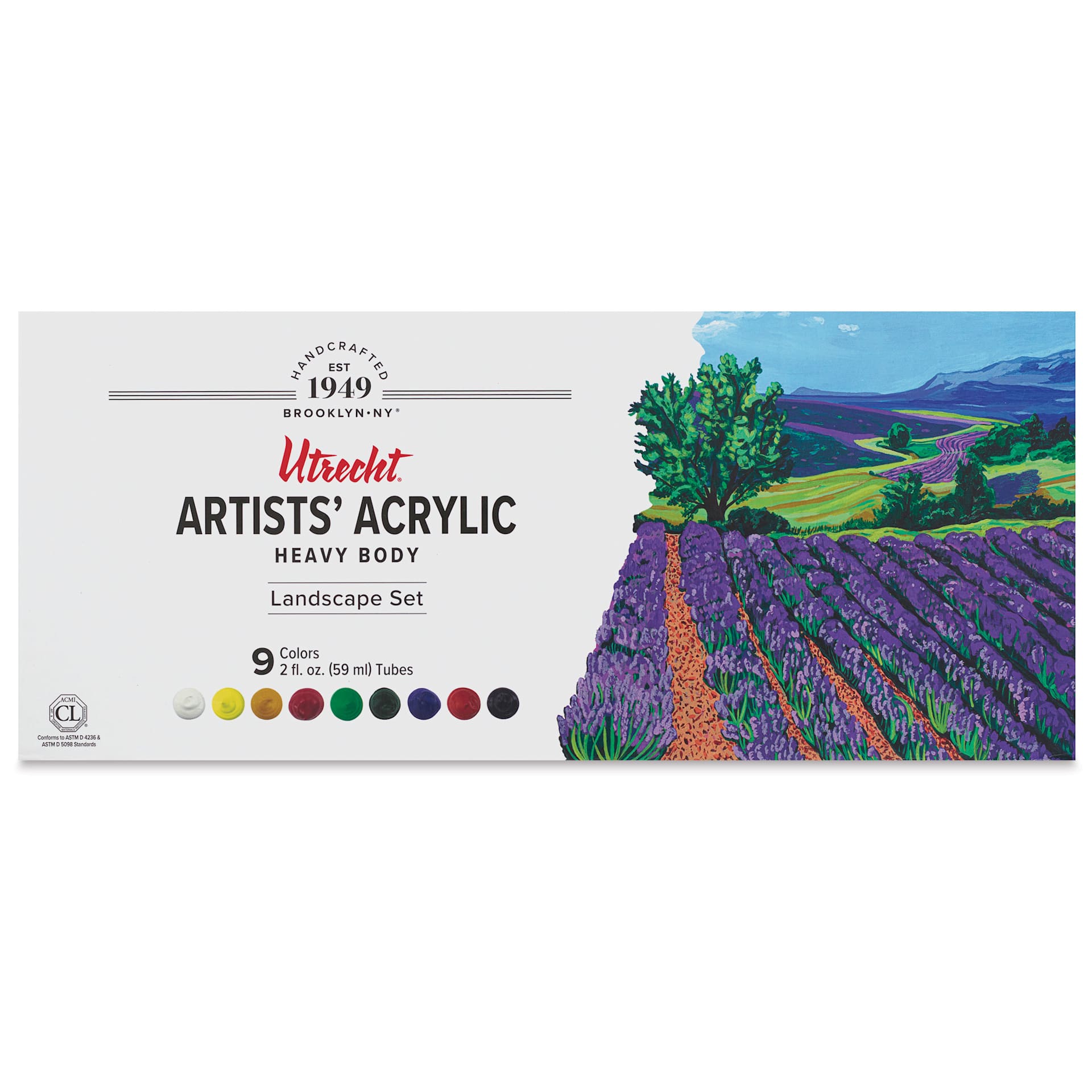 Utrecht Artists' Acrylic Paints - Set of 9, Landscape Colors, 59 ml, front of packaging Utrecht Artists' Acrylic Paints - Set of 9, Landscape Colors, 59 ml, front of packaging