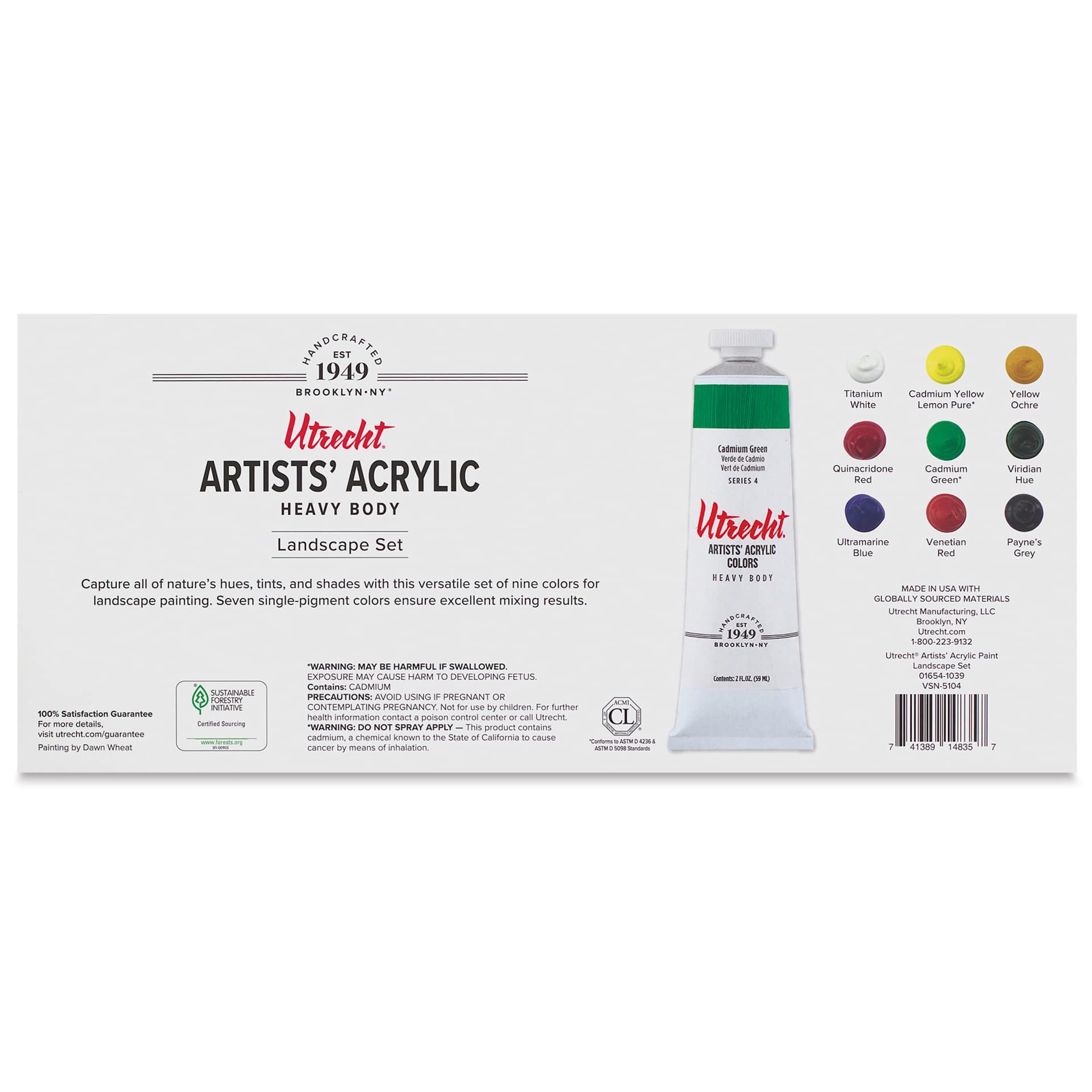Utrecht Artists' Acrylic Paints - Set of 9, Landscape Colors, 59 ml, back of packaging Utrecht Artists' Acrylic Paints - Set of 9, Landscape Colors, 59 ml, back of packaging