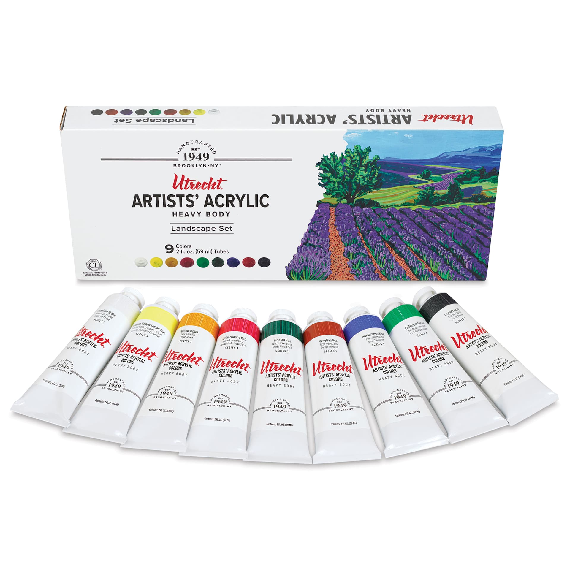 Utrecht Artists' Acrylic Paints - Set of 9, Landscape Colors, 59 ml, packaging and contents Utrecht Artists' Acrylic Paints - Set of 9, Landscape Colors, 59 ml, packaging and contents