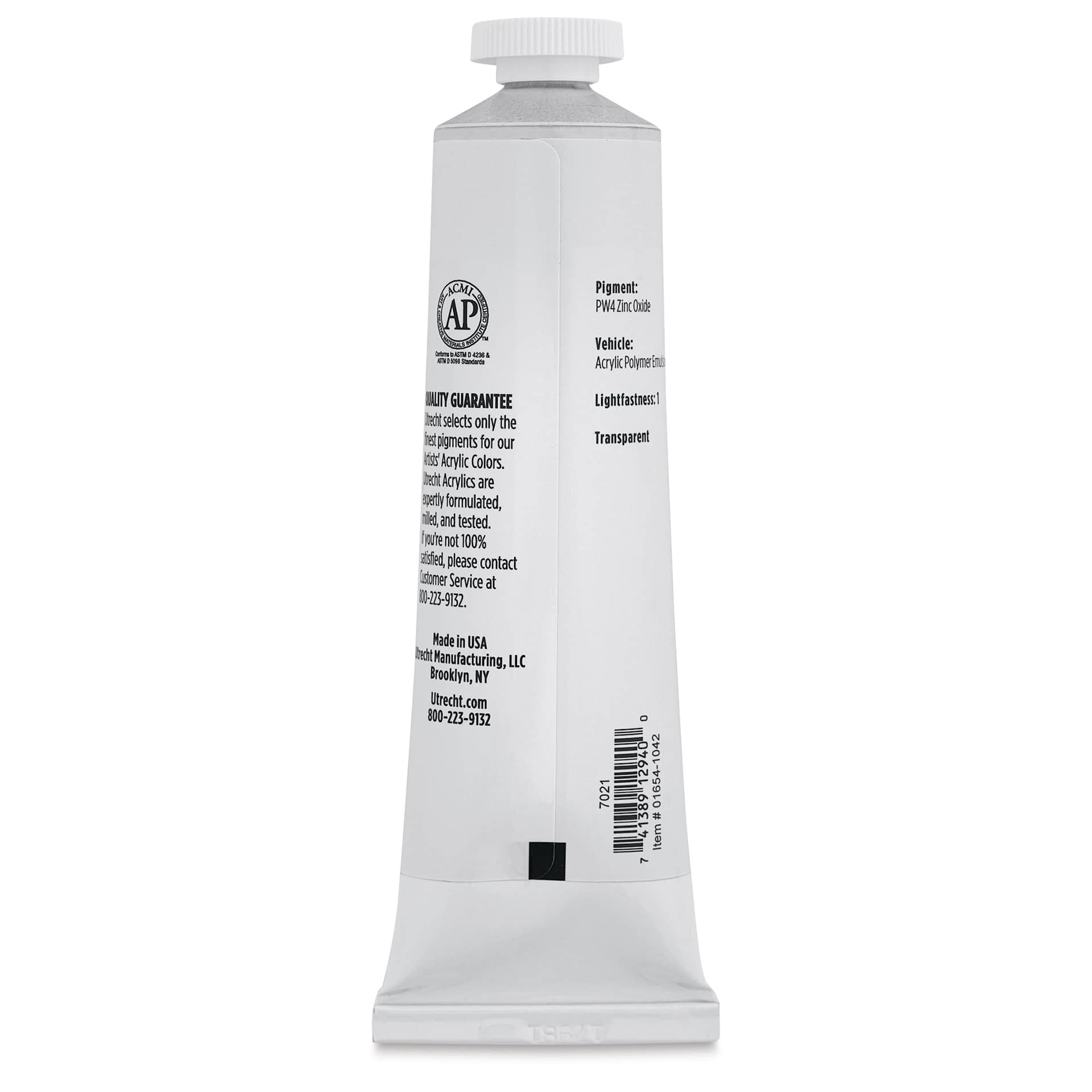 Utrecht Artists' Acrylic Paint - Zinc White, 2 oz tube (back of tube)