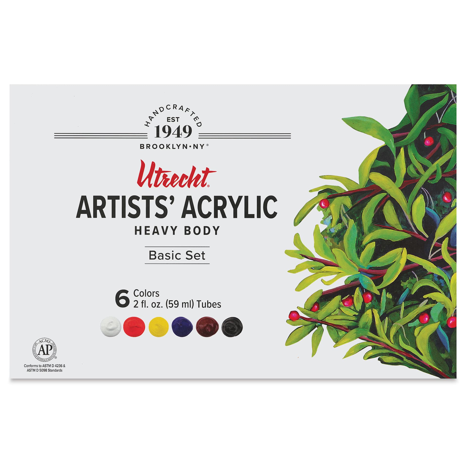 Utrecht Artists' Acrylic Paints - Set of 6, Basic Colors, 59 ml, front of packaging