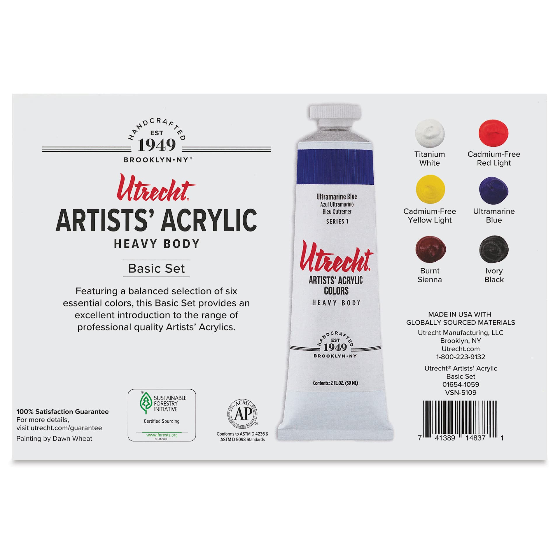 Utrecht Artists' Acrylic Paints - Set of 6, Basic Colors, 59 ml, back of packaging Utrecht Artists' Acrylic Paints - Set of 6, Basic Colors, 59 ml, back of packaging