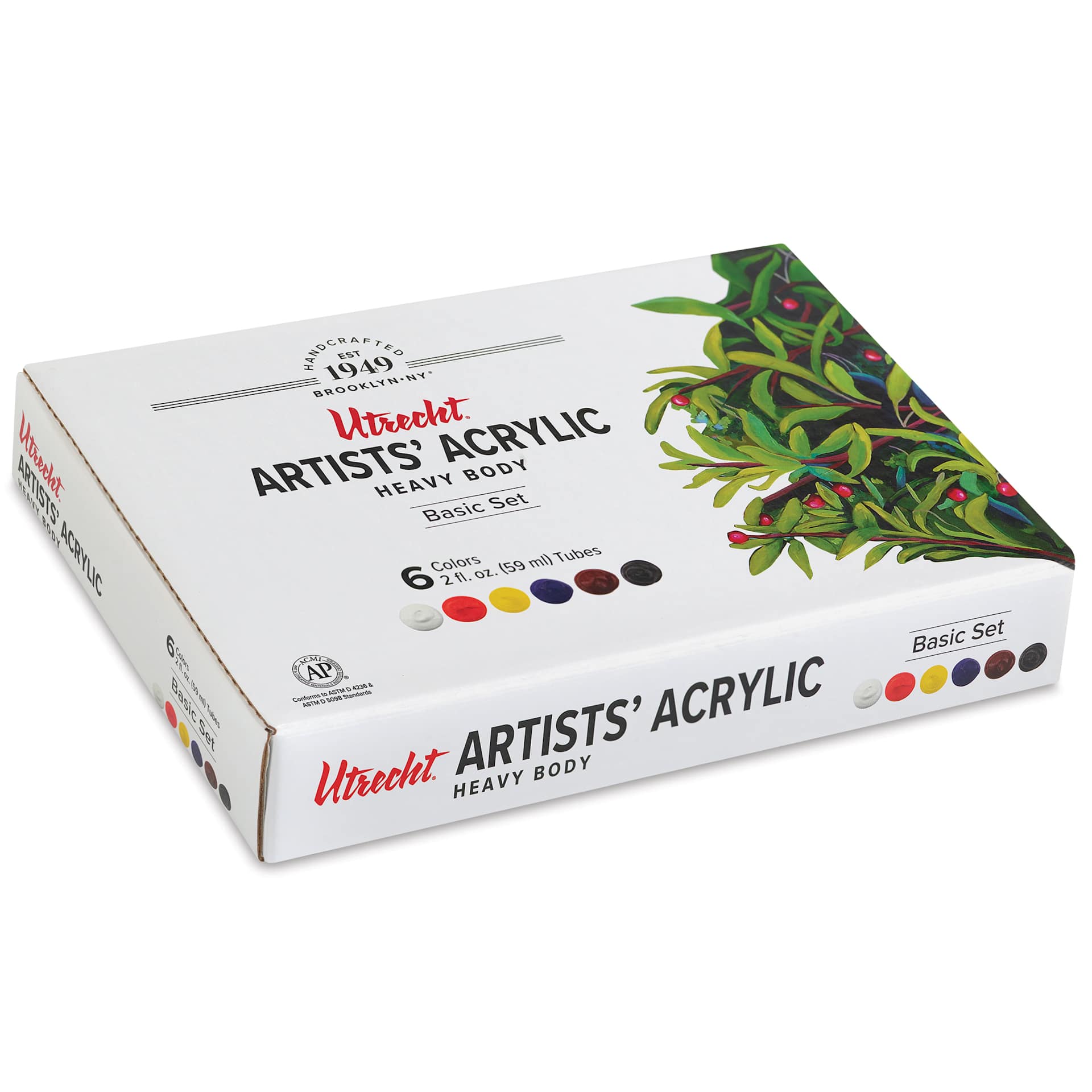 Utrecht Artists' Acrylic Paints - Set of 6, Basic Colors, 59 ml, laid flat Utrecht Artists' Acrylic Paints - Set of 6, Basic Colors, 59 ml, laid flat